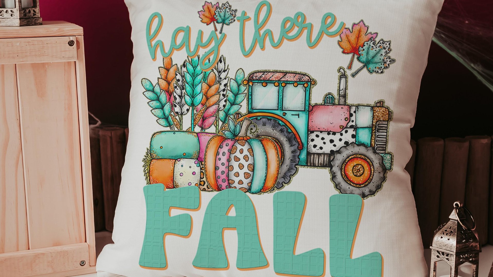 farm tractor hay there fall accent pillows for sofa, fall style gift, pink pumpkin kitchen towels, fall host gift, turquoise fall decor best