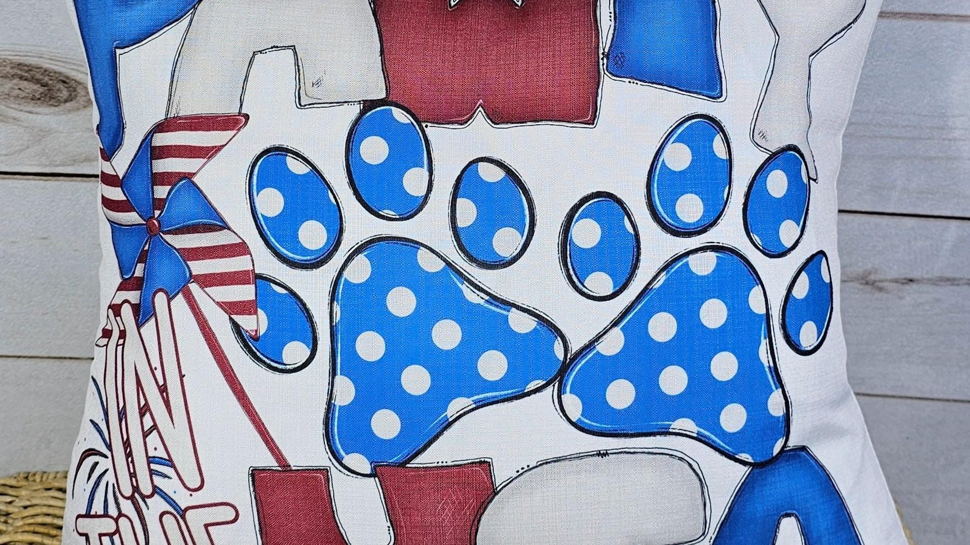 paw print party in the USA throw pillows for couch, dog mom gift, red white and blue 4th of July decor front porch pillows, patriotic gifts