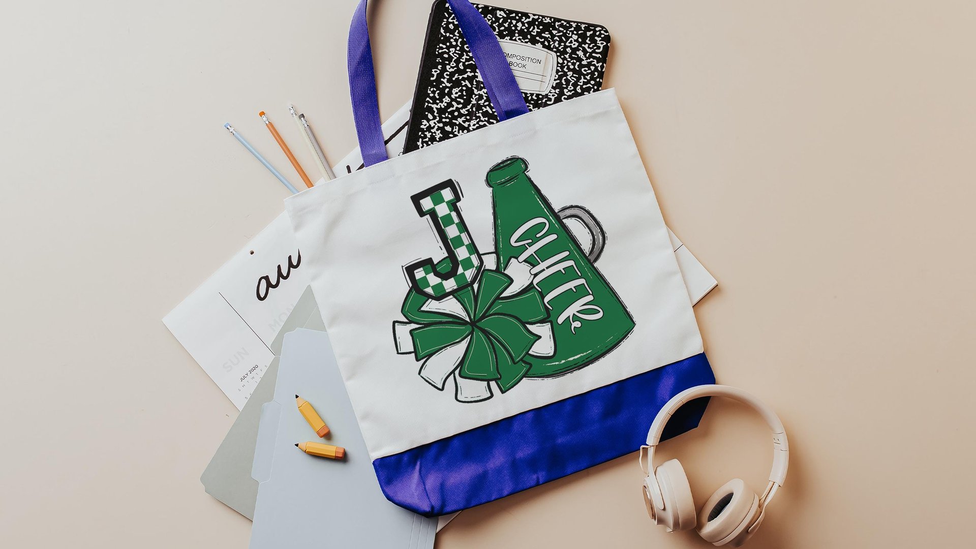 personalized white and gold cheer tote bag for girls, cheer gifts for seniors, gold checkered initial tote bag for teen girls back to school