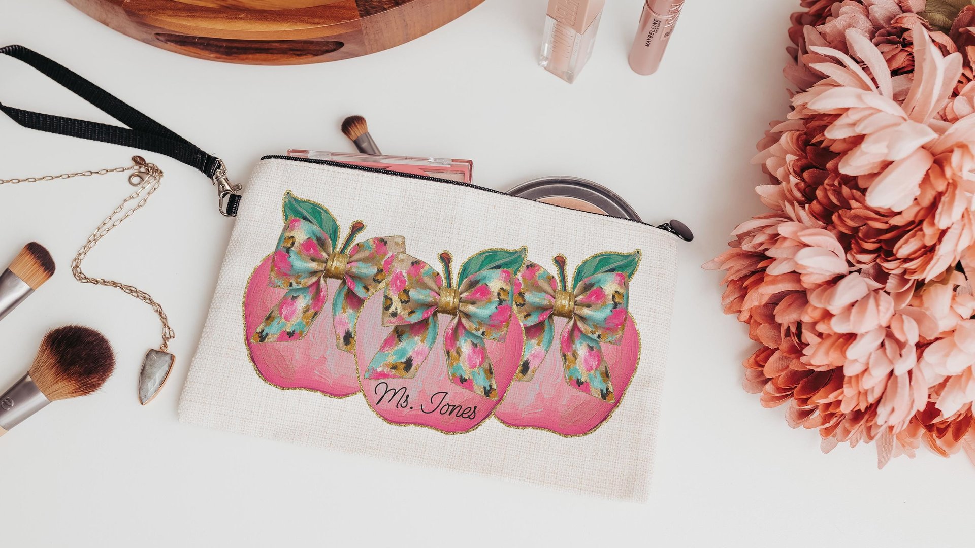 personalized watercolor apple for teacher wristlet with name, cute teacher gifts for women, leopard print coquette bow makeup bag for purse