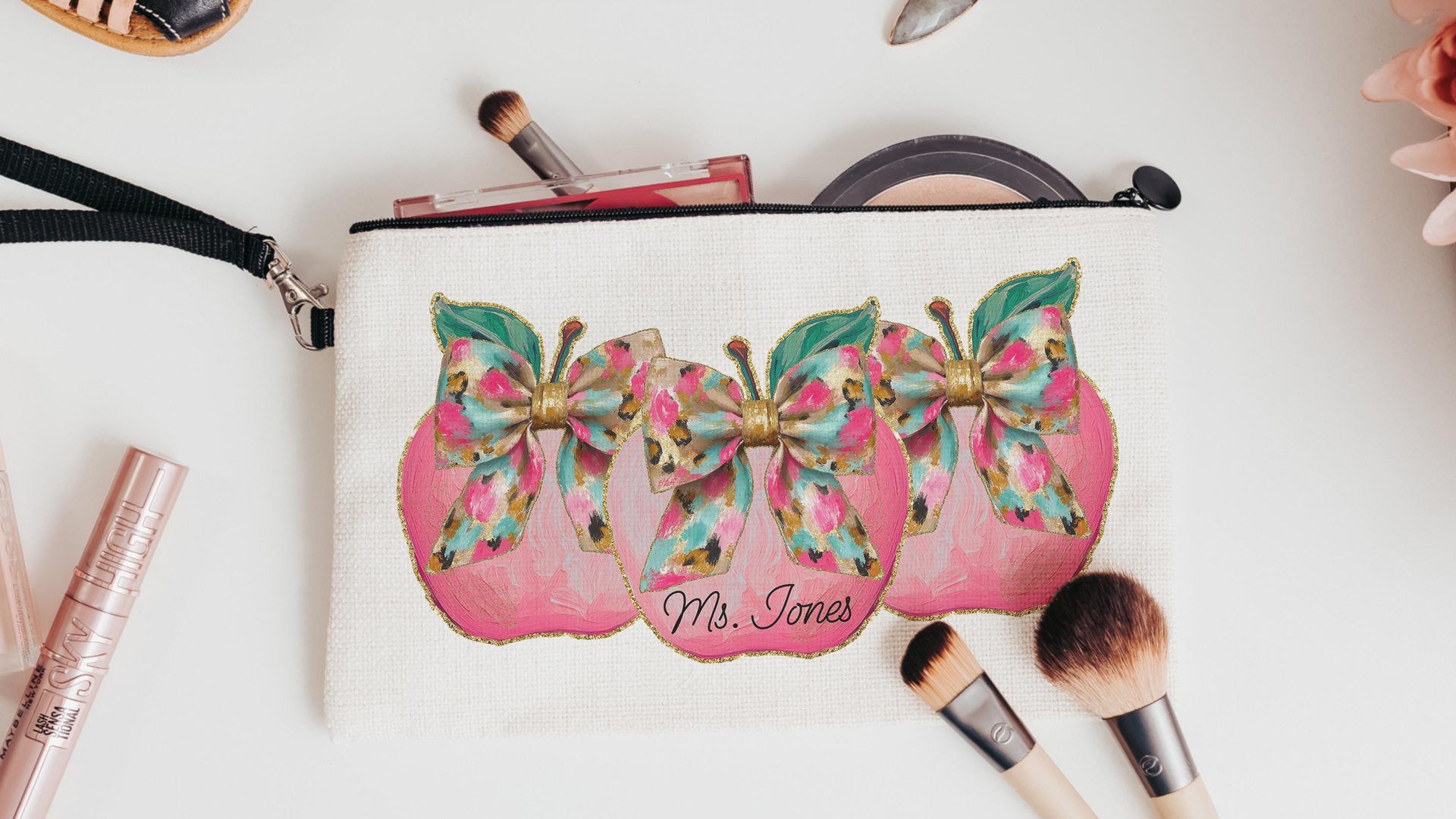 personalized watercolor apple for teacher wristlet with name, cute teacher gifts for women, leopard print coquette bow makeup bag for purse