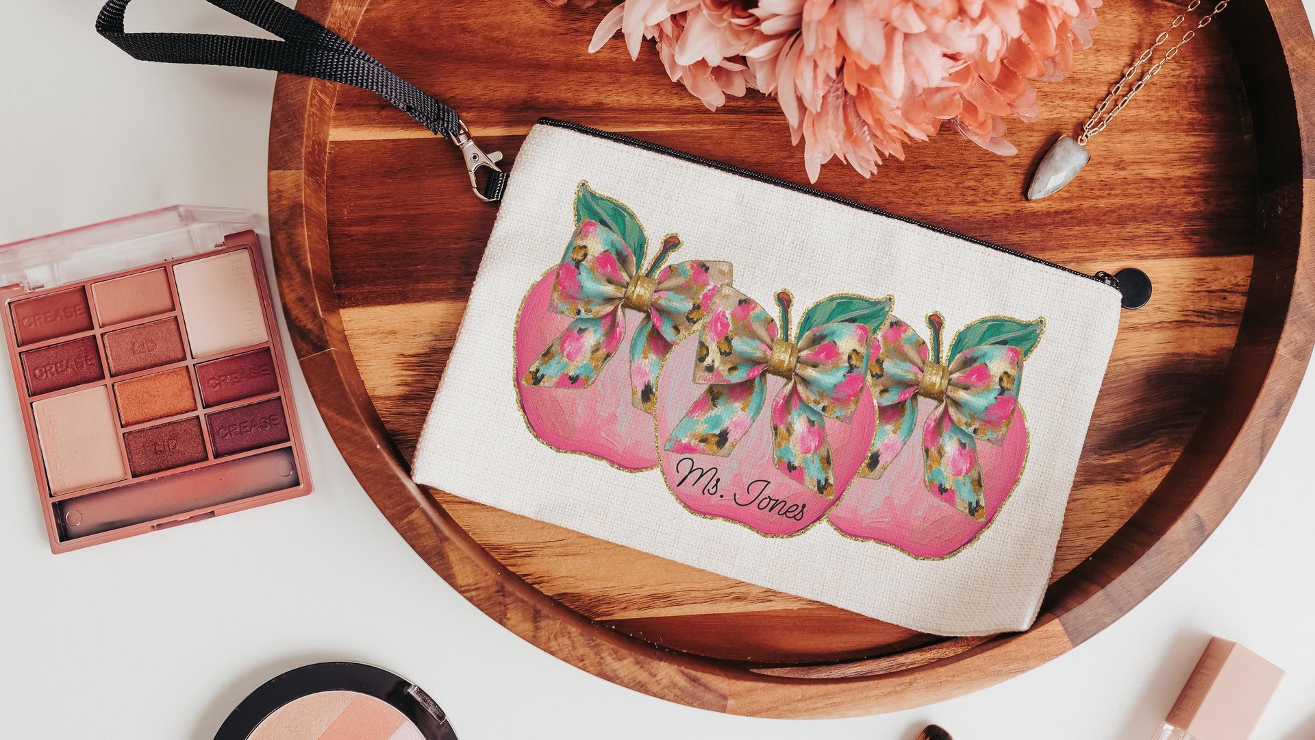 personalized watercolor apple for teacher wristlet with name, cute teacher gifts for women, leopard print coquette bow makeup bag for purse