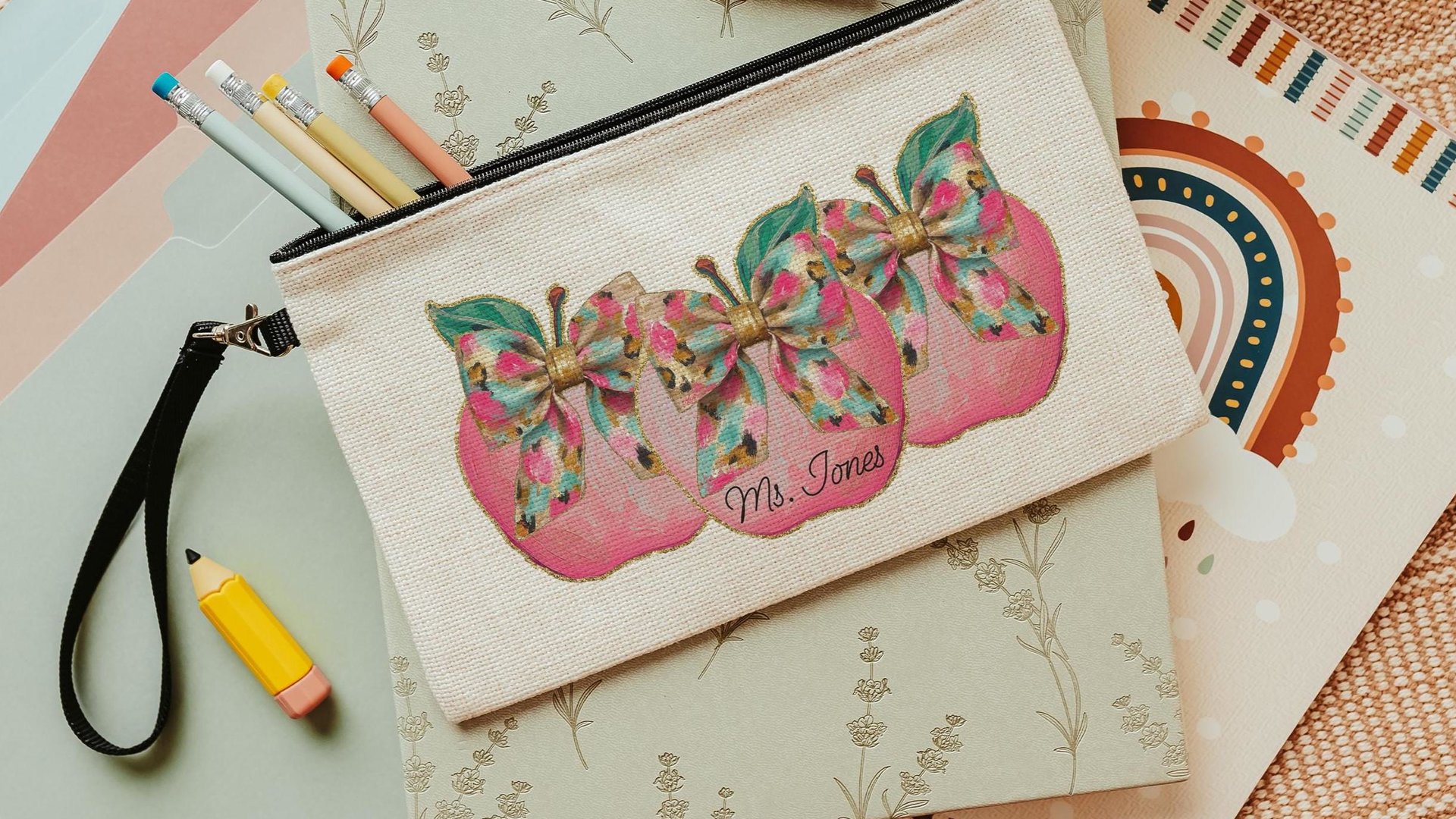 personalized watercolor apple for teacher wristlet with name, cute teacher gifts for women, leopard print coquette bow makeup bag for purse