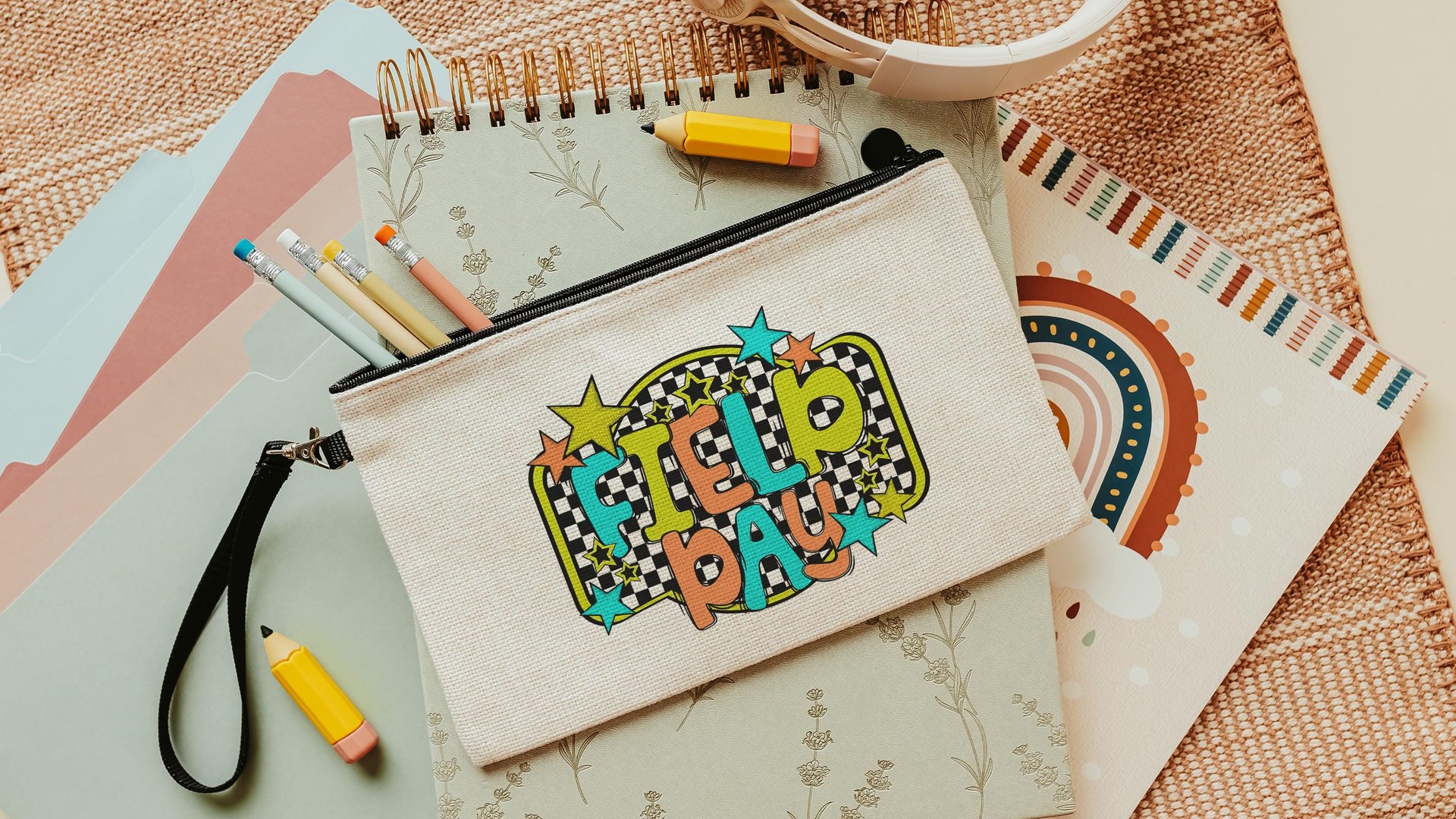 Field day pencil case for kids, school supplies for girls, first day of school gift for students, pencil pouches with zipper, 1st grade gift