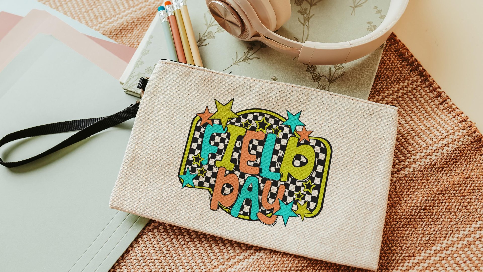 Field day pencil case for kids, school supplies for girls, first day of school gift for students, pencil pouches with zipper, 1st grade gift