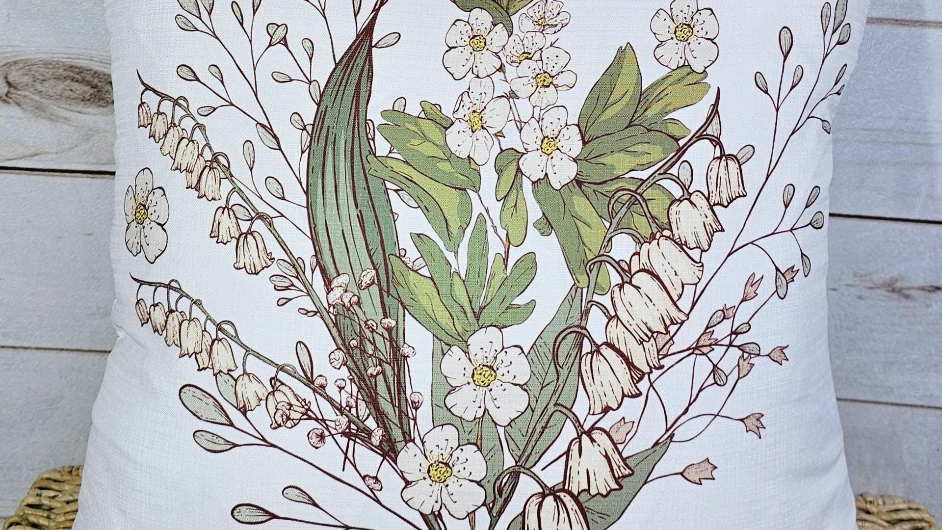 lily of the valley throw pillows for couch floral kitchen towels for Spring, best gifts for her, May birthday gifts for mom, white hawthorn