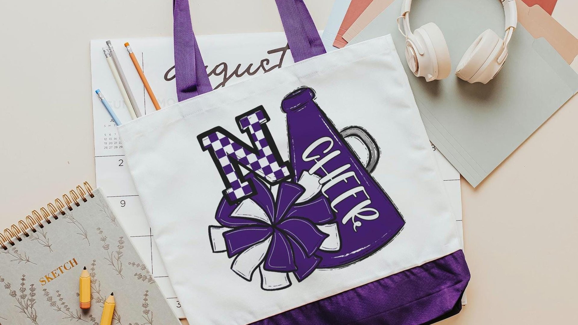 personalized orange checkered initial tote bag for college students, cheerleader tote bag for girls, cheer gifts for team, back to school