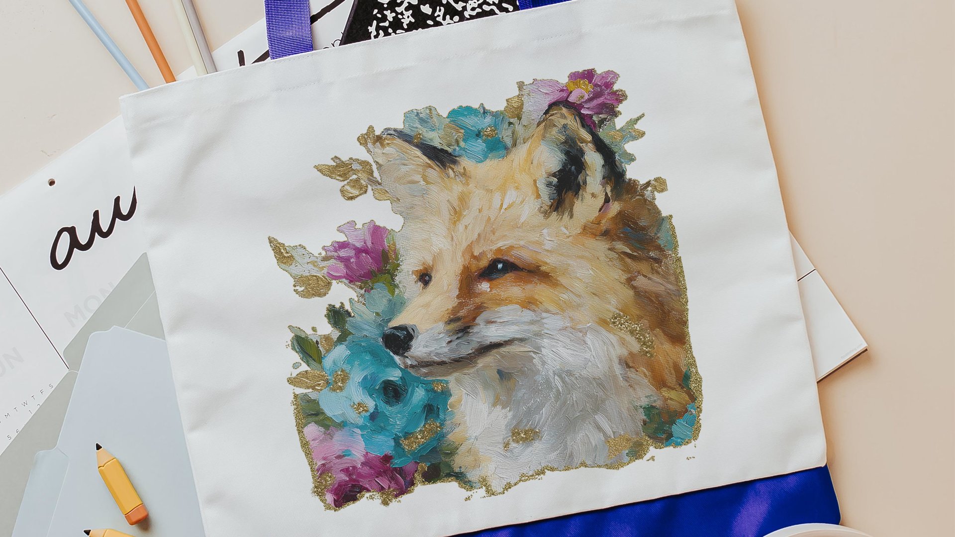 watercolor fox tote bag teacher gifts for women, floral fox gifts for sisters, library tote for books, college gifts for girls, eco friendly