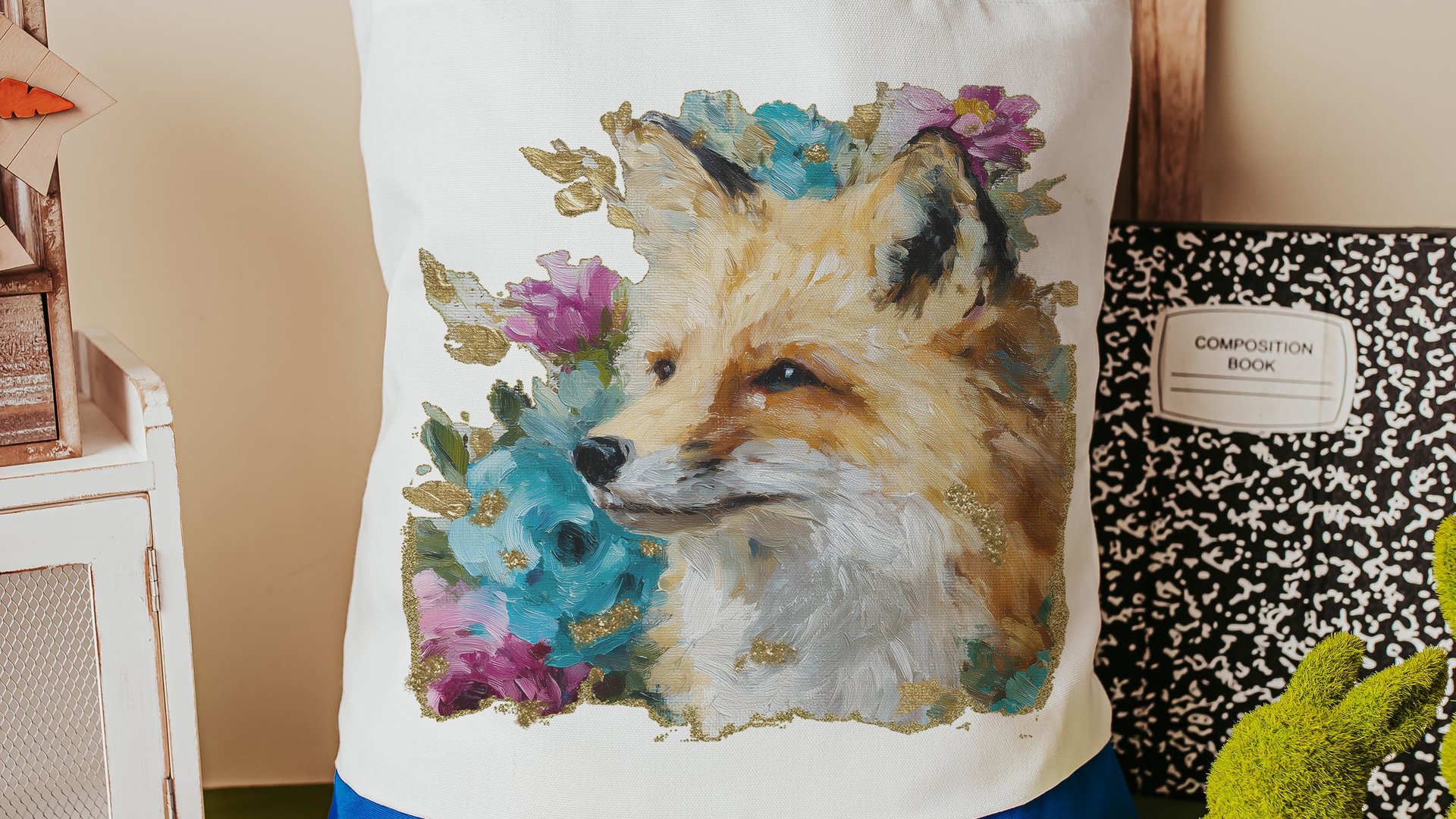 watercolor fox tote bag teacher gifts for women, floral fox gifts for sisters, library tote for books, college gifts for girls, eco friendly