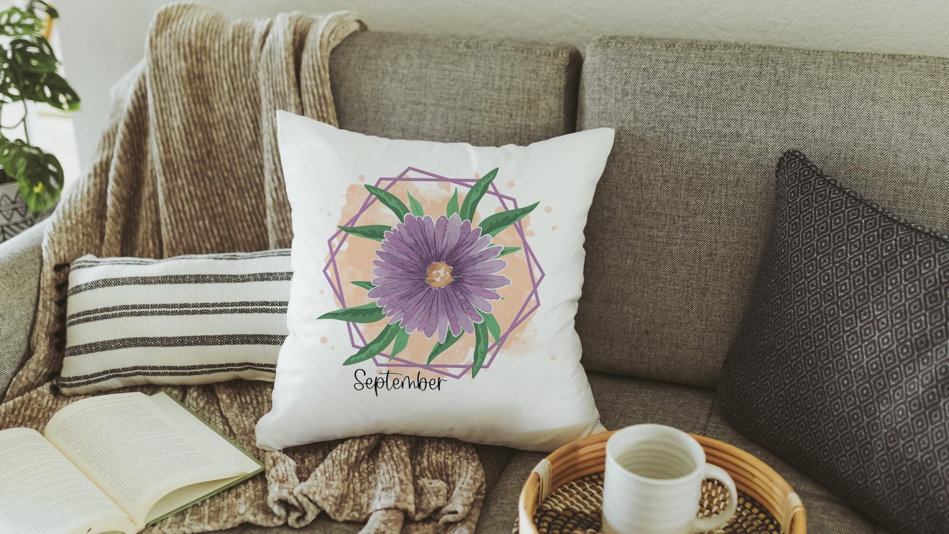 purple aster throw pillows for couch, September birth flower gift for friend, September birthday gifts for sister, aster flower hand towels