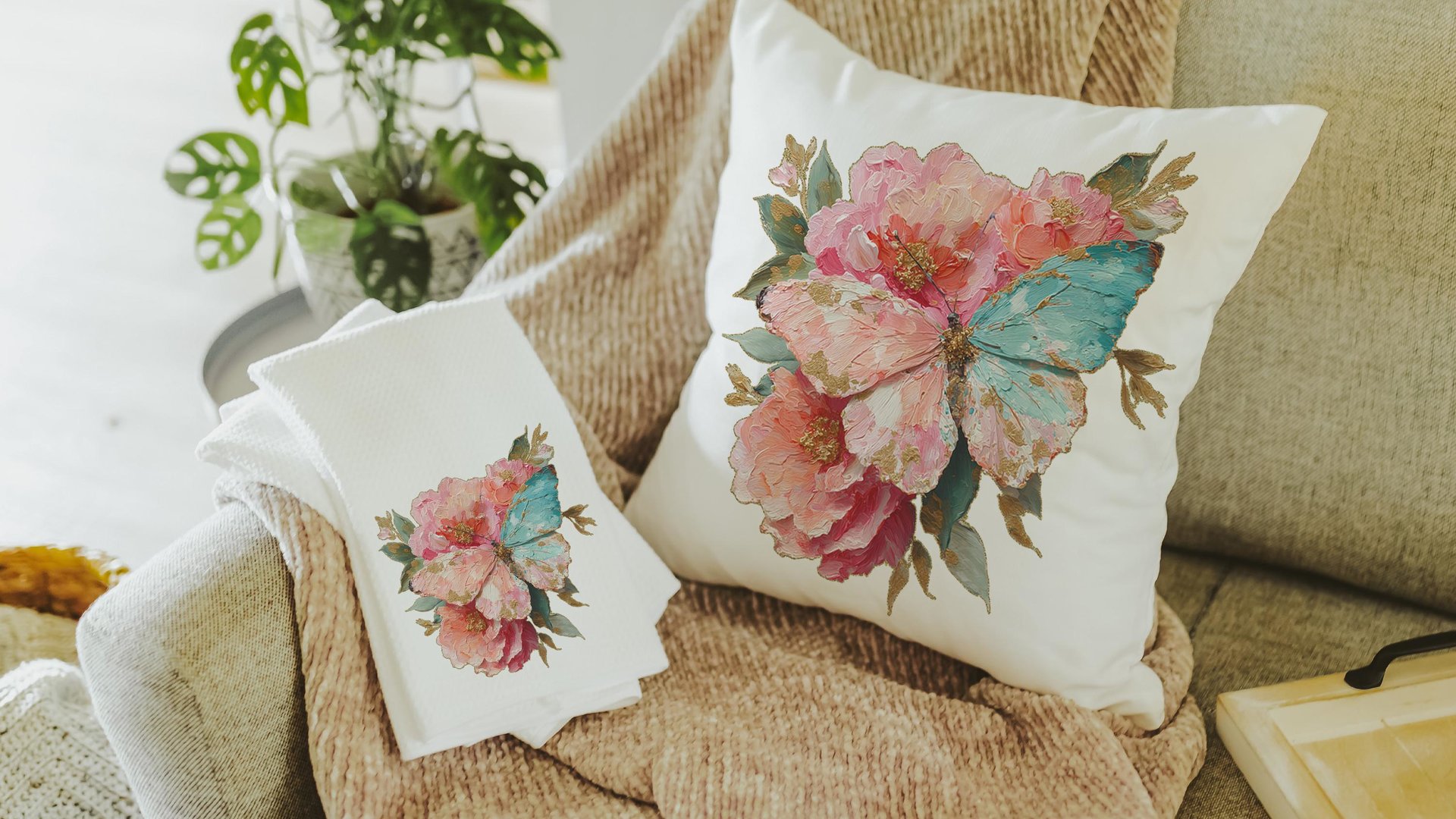 blush pink butterfly hand towels for bathroom, watercolor flower kitchen towels for daughter, muted teal butterfly gifts for her, guest