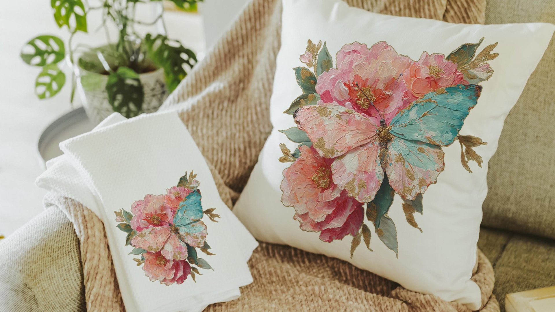 blush pink butterfly hand towels for bathroom, watercolor flower kitchen towels for daughter, muted teal butterfly gifts for her, guest