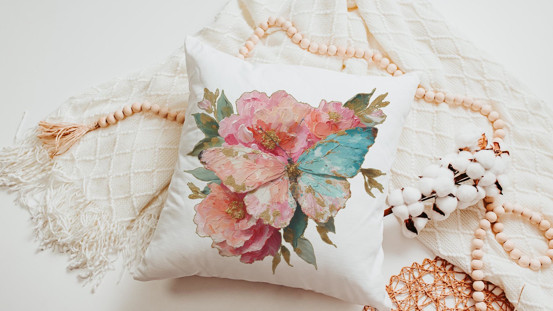 blush pink butterfly hand towels for bathroom, watercolor flower kitchen towels for daughter, muted teal butterfly gifts for her, guest