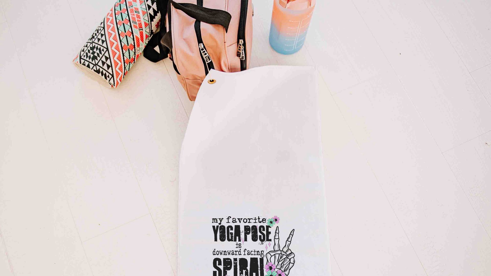 downward spiral funny yoga towels with grommet, snarky humor hot yoga gifts for women, gym bag accessories, workout gifts for her, yogi girl