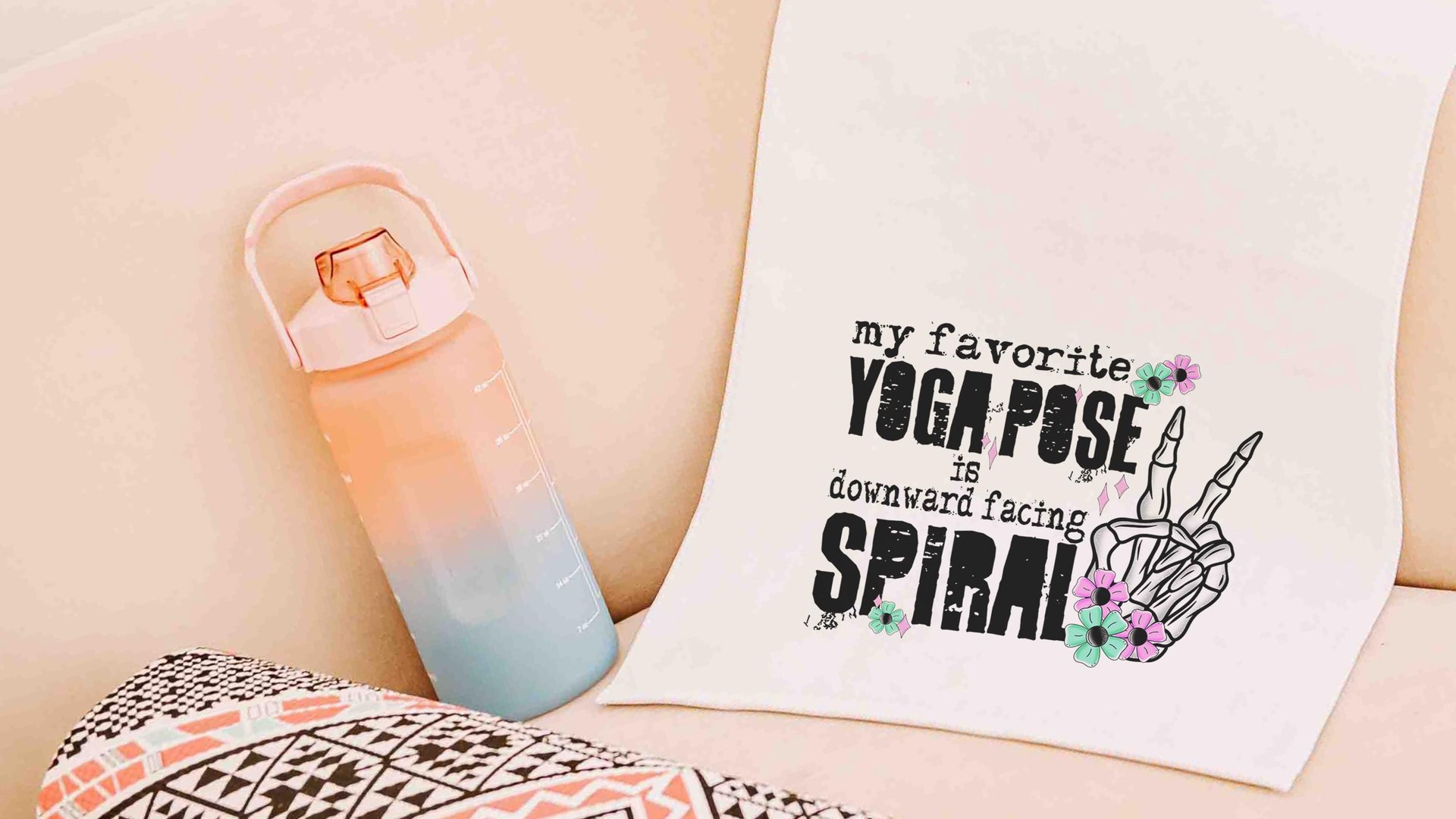 downward spiral funny yoga towels with grommet, snarky humor hot yoga gifts for women, gym bag accessories, workout gifts for her, yogi girl