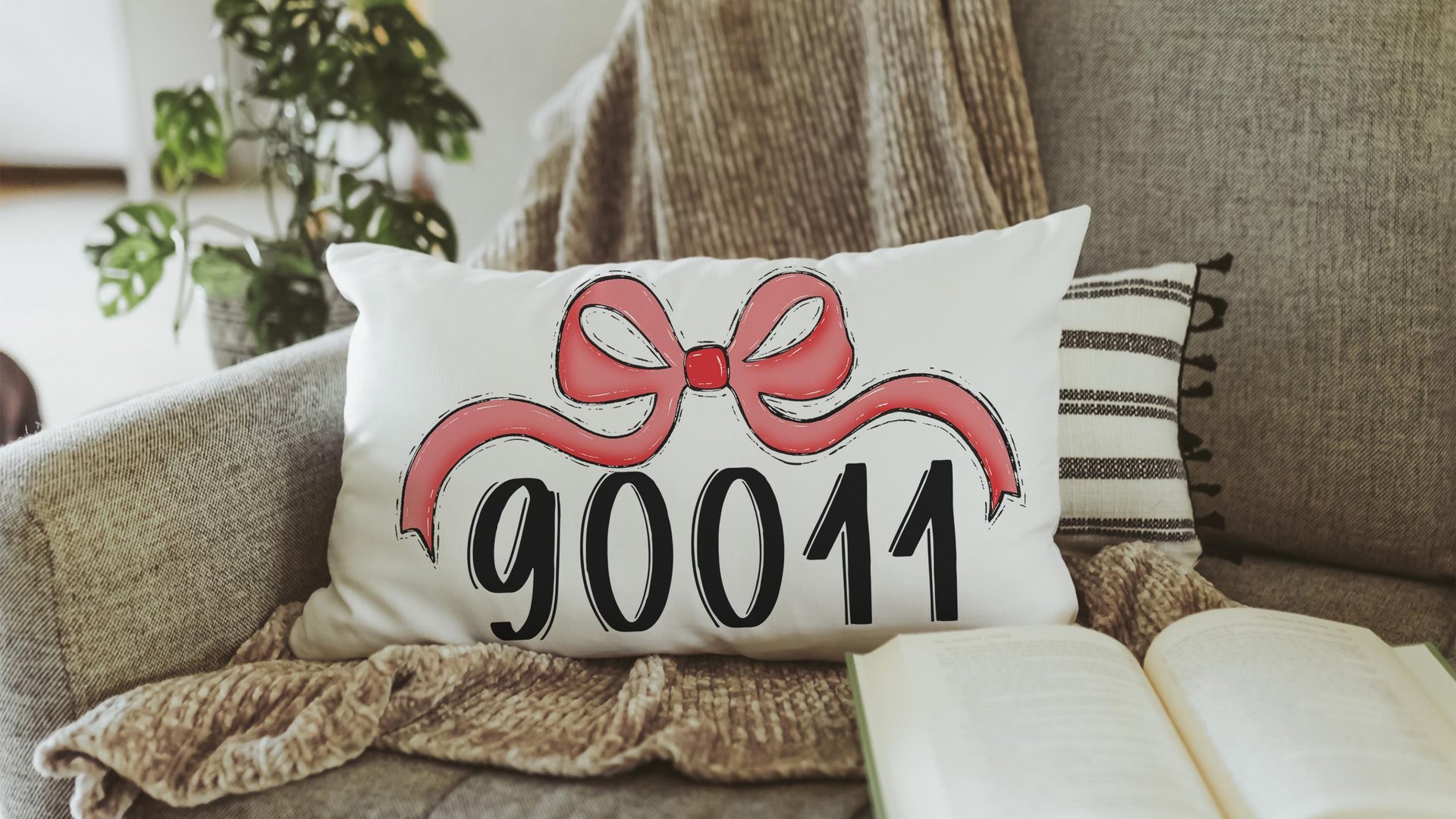 personalized cherry red school spirit coquette throw pillow for dorm, college gifts for girls, custom zip code pillow, college apartment