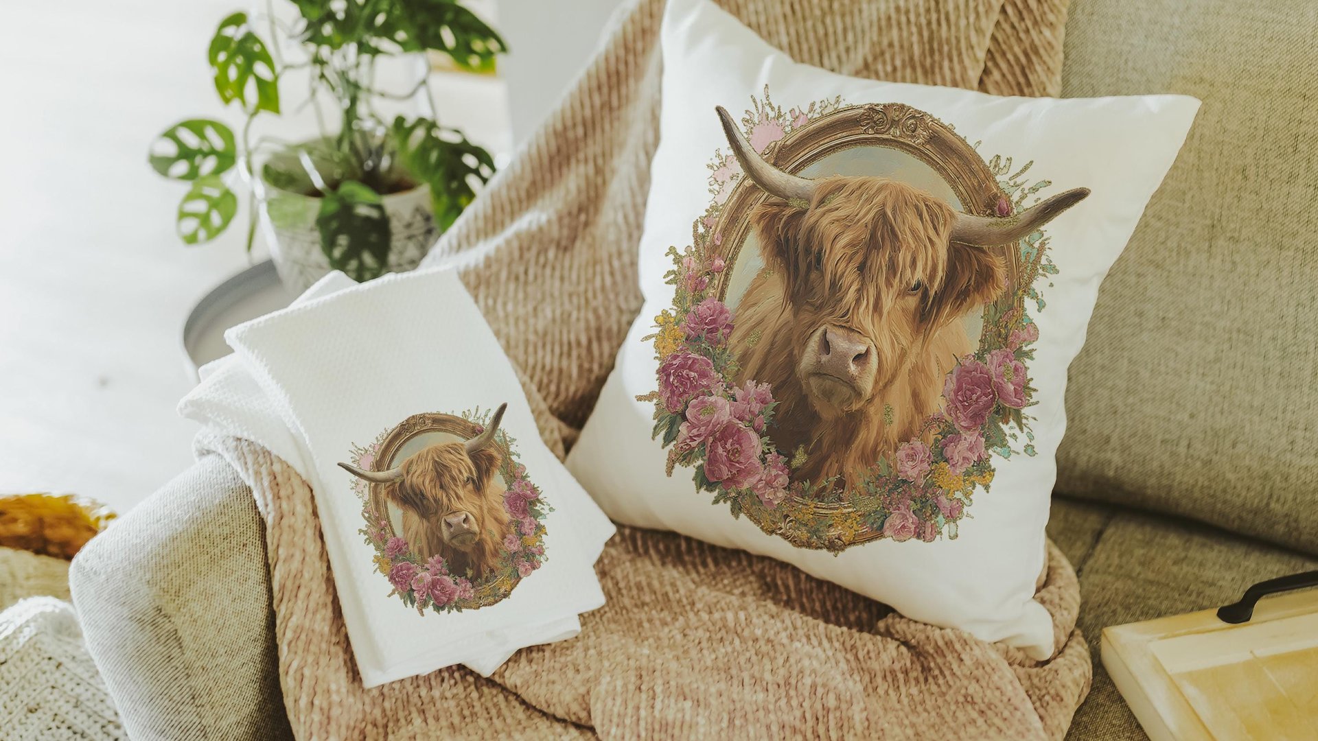 shaggy cow kitchen towels for Christmas gifts for neighbors, highland cow kitchen decor, floral cow gifts for cow lovers, secret Santa gifts