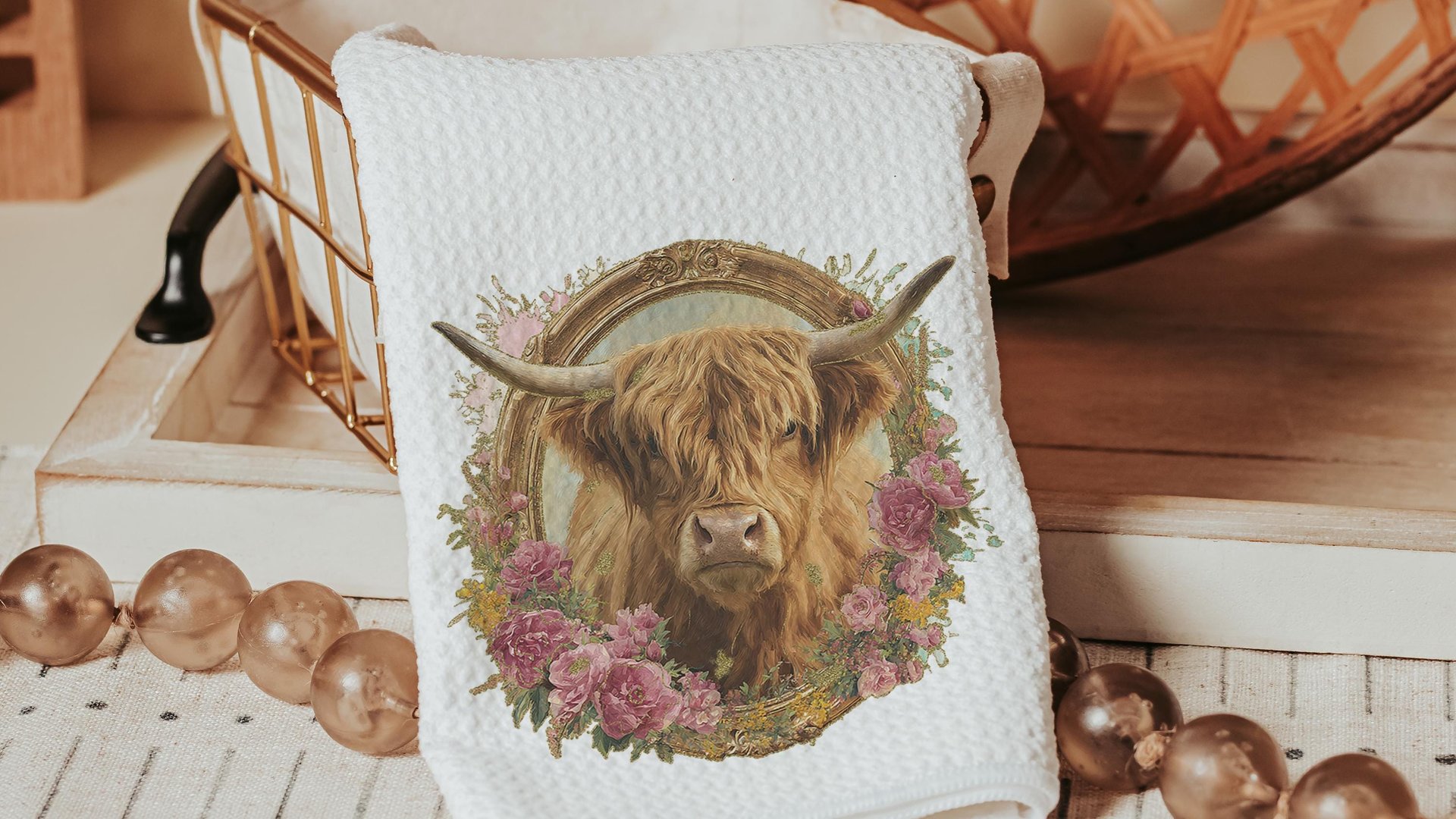 shaggy cow kitchen towels for Christmas gifts for neighbors, highland cow kitchen decor, floral cow gifts for cow lovers, secret Santa gifts