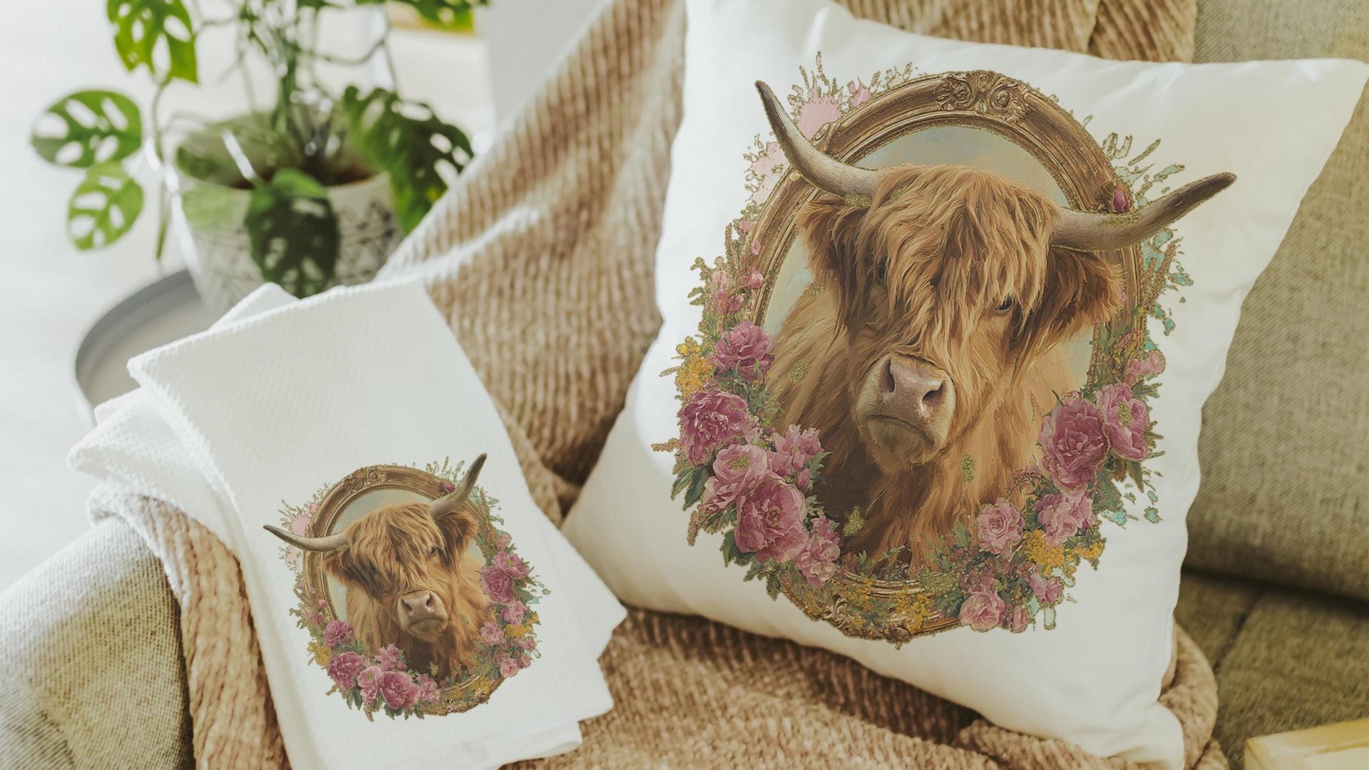 shaggy cow kitchen towels for Christmas gifts for neighbors, highland cow kitchen decor, floral cow gifts for cow lovers, secret Santa gifts