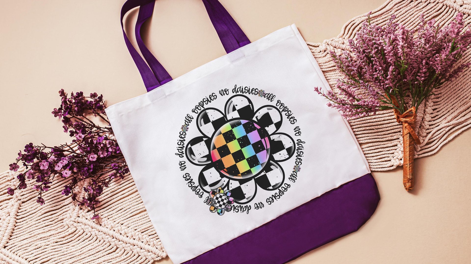 all oopsies no daisies rainbow checkered tote bag for school, funny nurse gifts for women, back to school gifts for teachers, whimsical tote