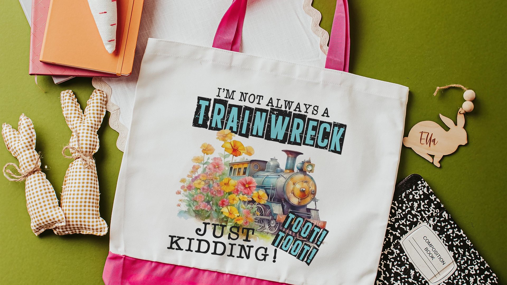 i'm not always a trainwreck funny tote bag for college students, back to school gifts for teachers, just kidding toot toot snarky tote bag