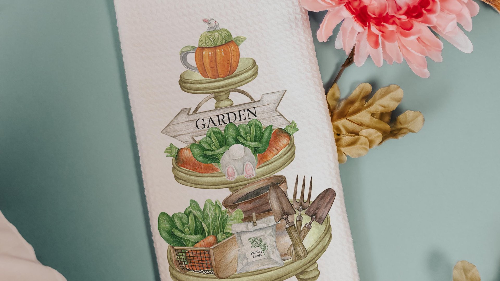 carrot patch tea towels for bathroom, Easter hostess gifts for women, gardening gifts for mom, garden kitchenette decor, bunny kitchen towel