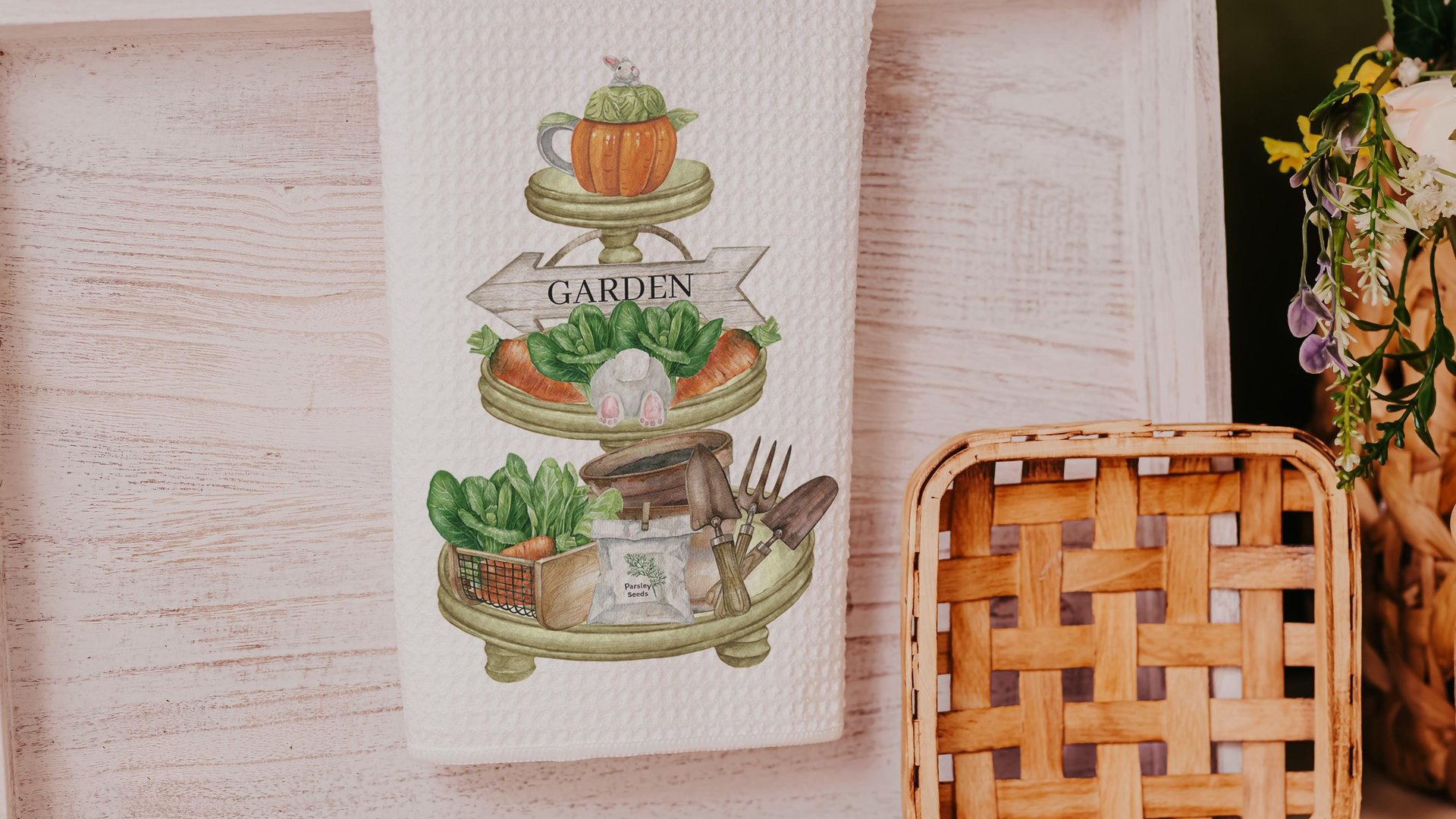 carrot patch tea towels for bathroom, Easter hostess gifts for women, gardening gifts for mom, garden kitchenette decor, bunny kitchen towel
