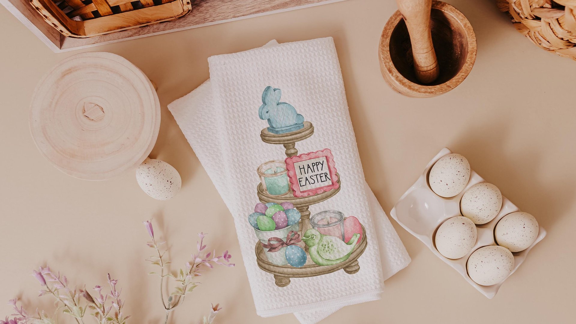 Happy Easter kitchen towels for gifts, Easter hostess gifts for women, pastel Easter kitchen hand towels for church, Easter eggs and bunnies