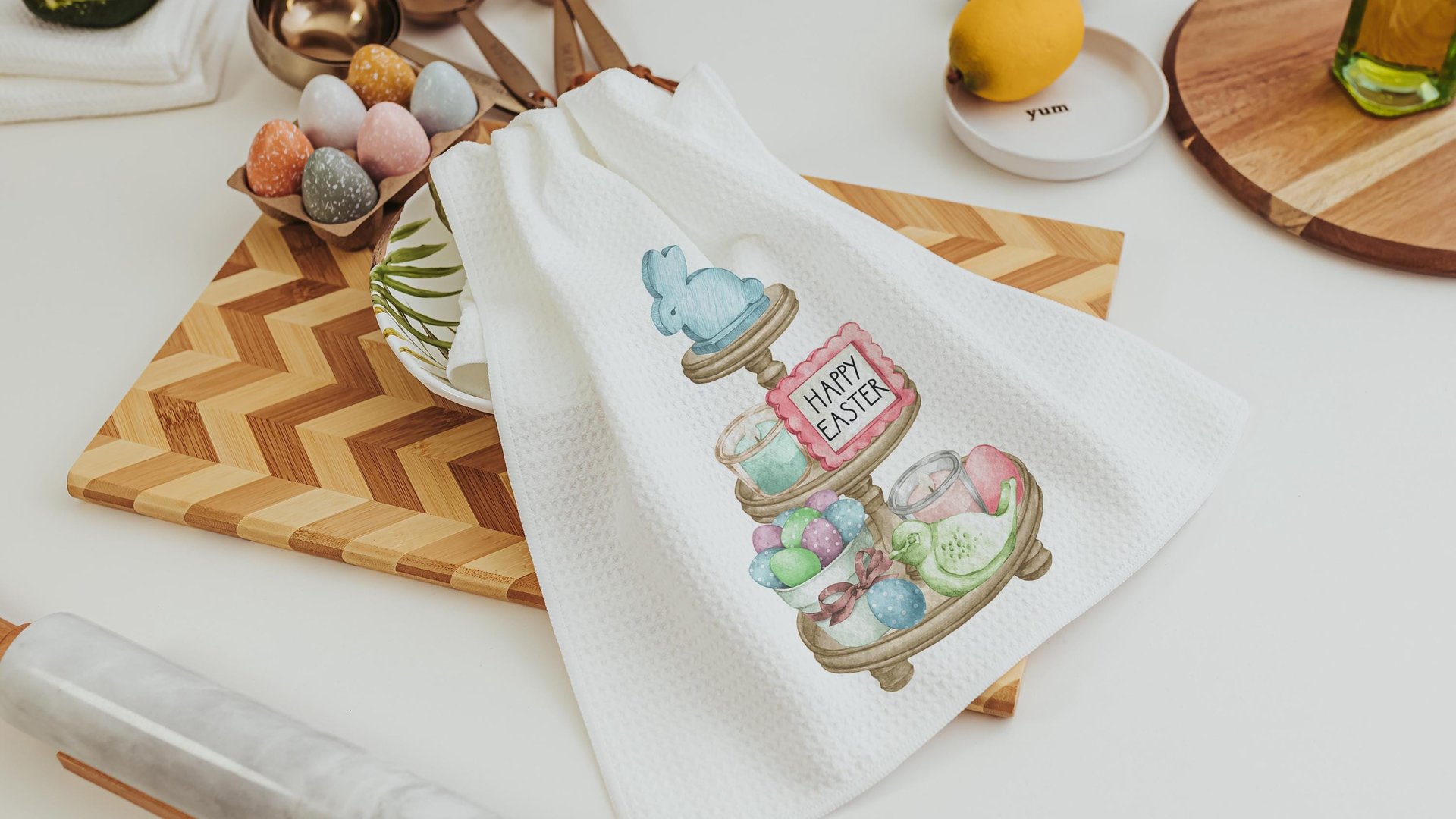 Happy Easter kitchen towels for gifts, Easter hostess gifts for women, pastel Easter kitchen hand towels for church, Easter eggs and bunnies