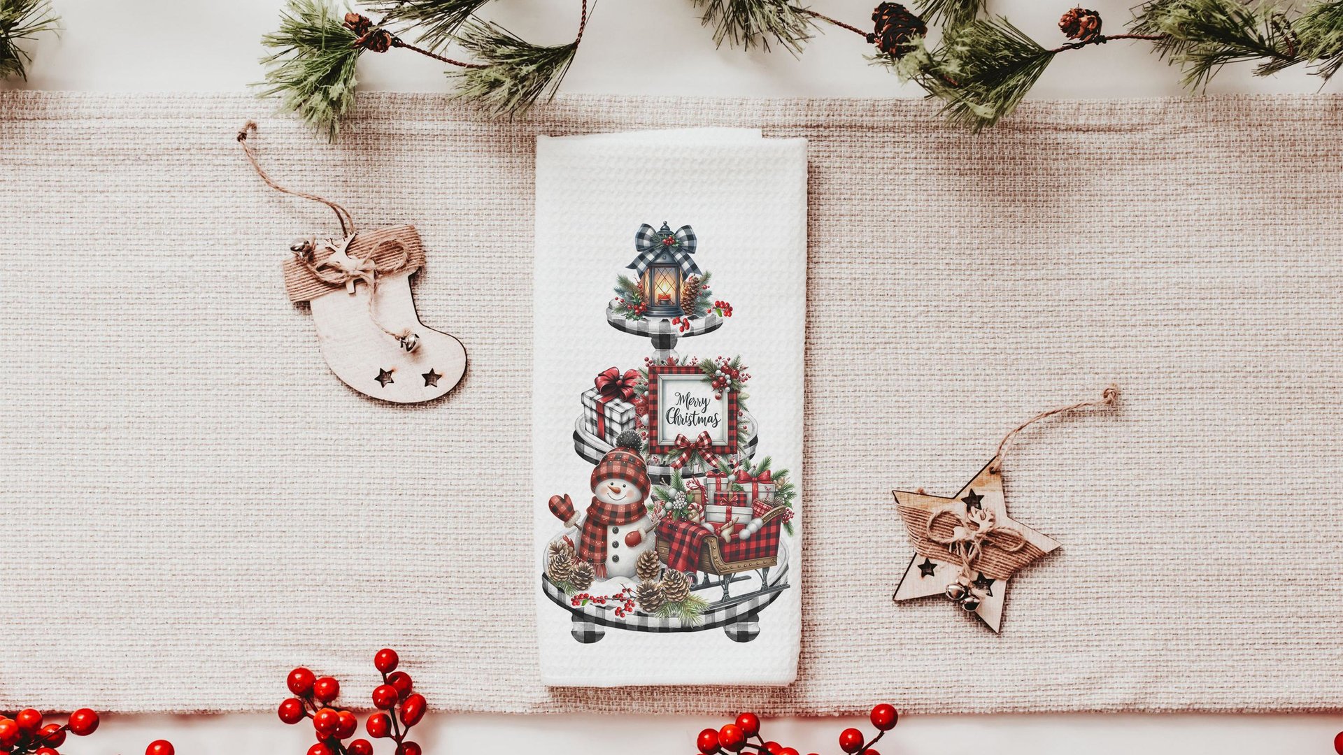 snowman Christmas kitchen towel for women, buffalo plaid Christmas kitchen decor, rustic Christmas gift for her, buffalo check Christmas