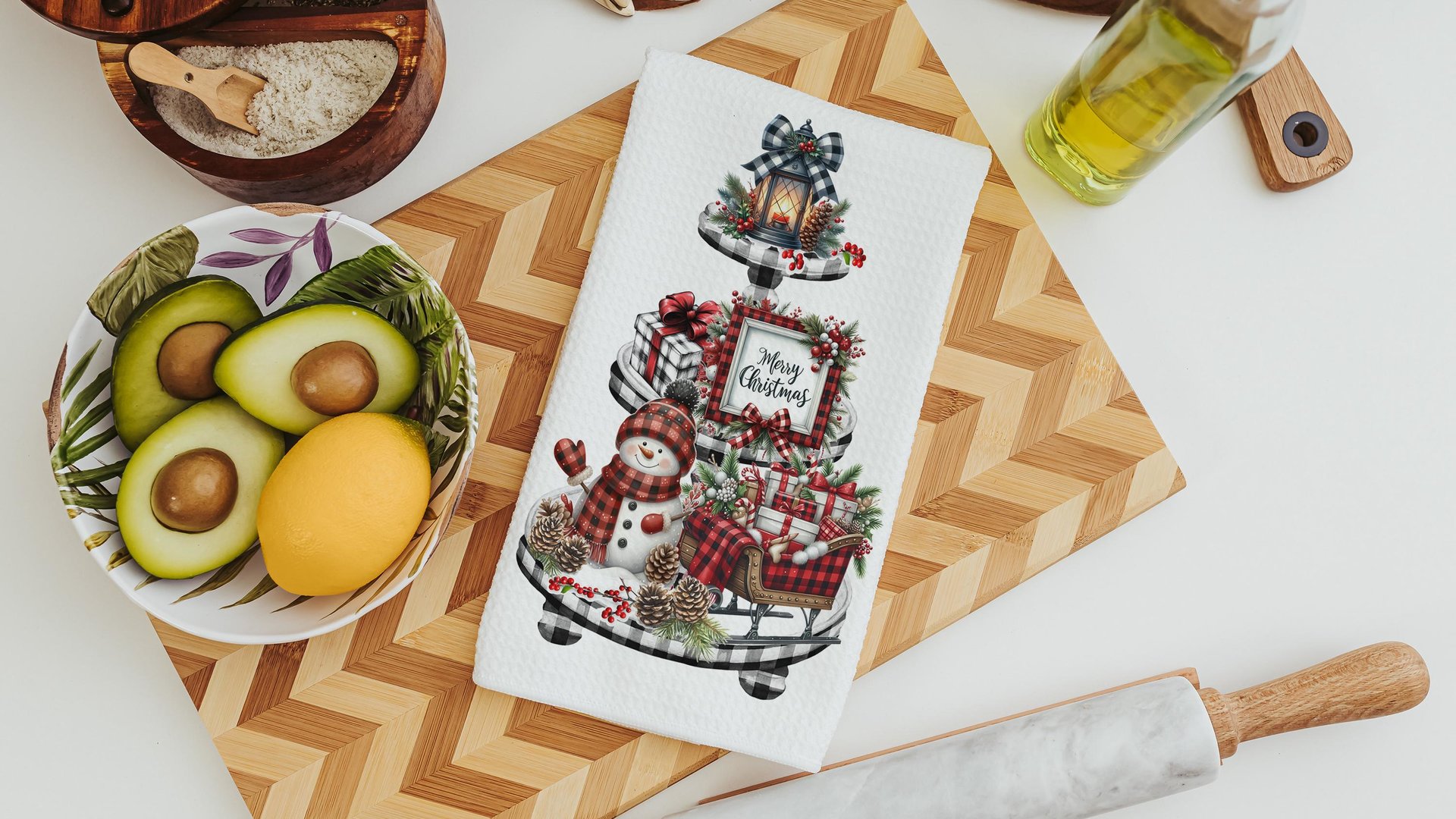 snowman Christmas kitchen towel for women, buffalo plaid Christmas kitchen decor, rustic Christmas gift for her, buffalo check Christmas