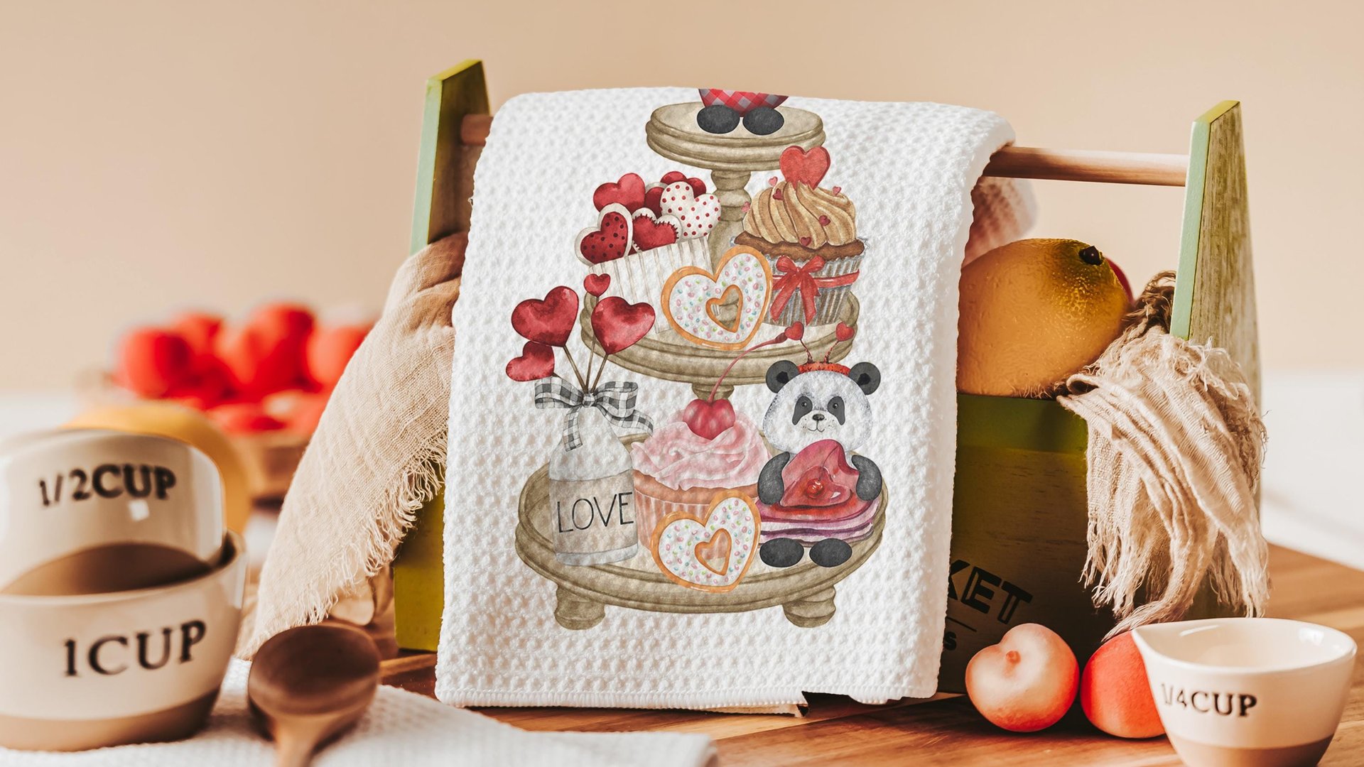 cute panda bear Valentines Day dish towel, home decor gift kitchen towels for Valentines panda hand towels for couples, Galentines Day gifts