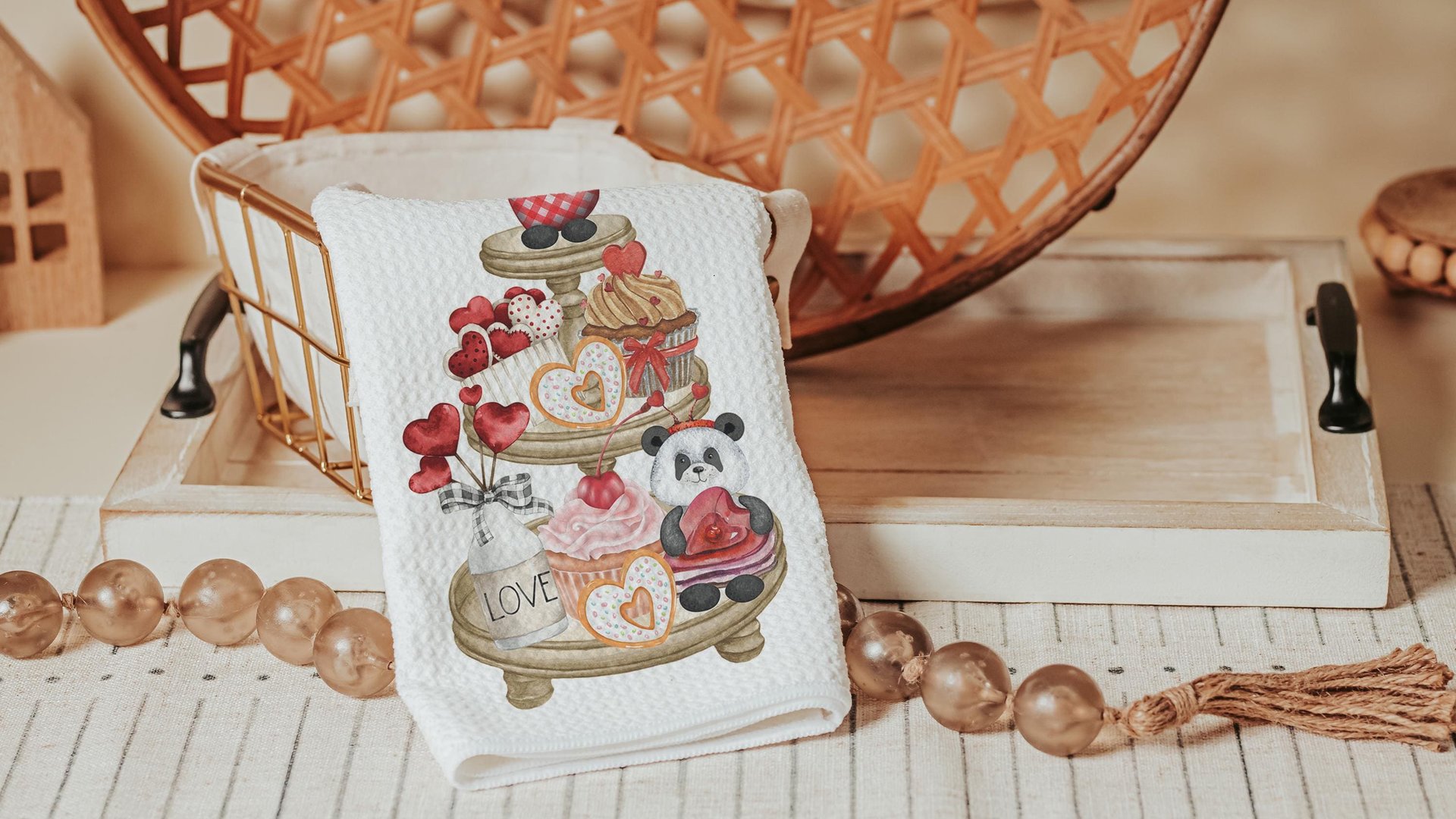 cute panda bear Valentines Day dish towel, home decor gift kitchen towels for Valentines panda hand towels for couples, Galentines Day gifts