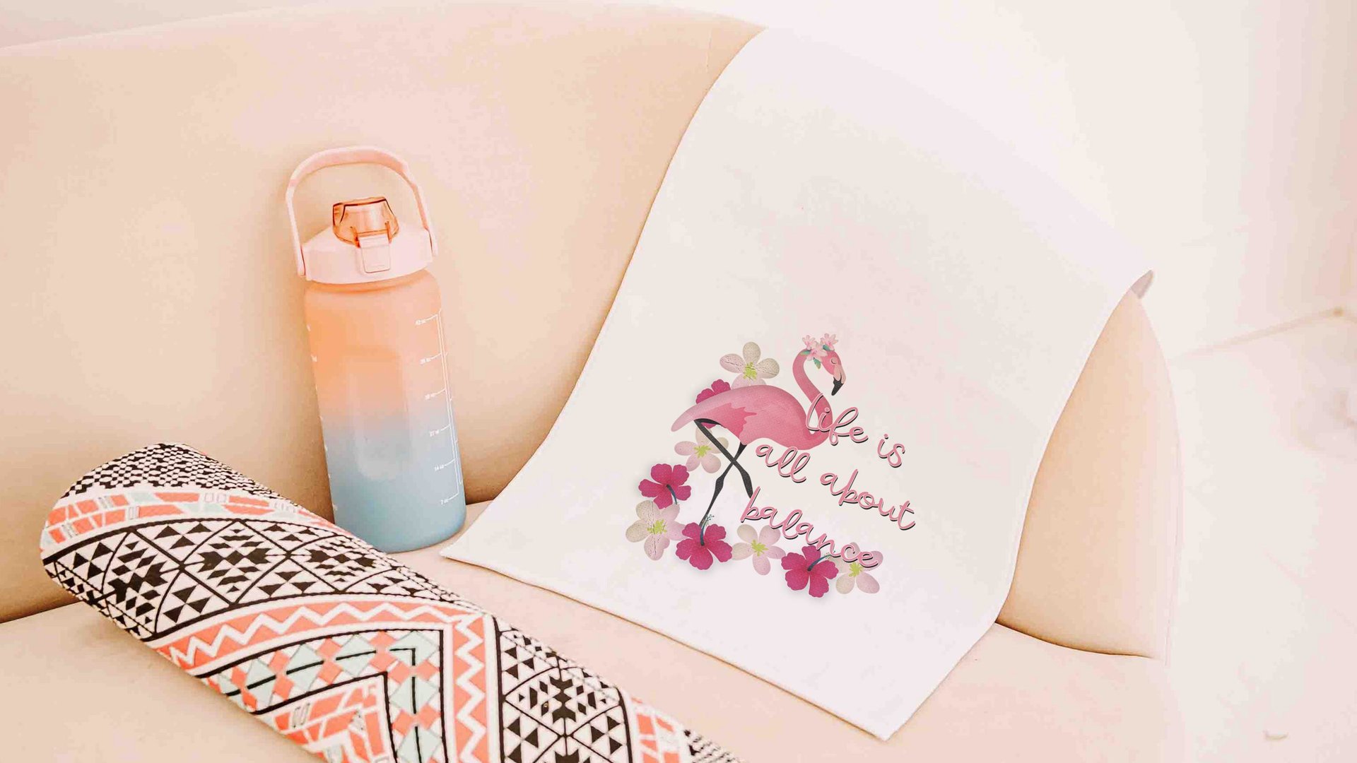 it's all about balance sweat towel with grommet, flamingo gifts for adults, cute yoga towel, gym bag accessories, workout gifts for her