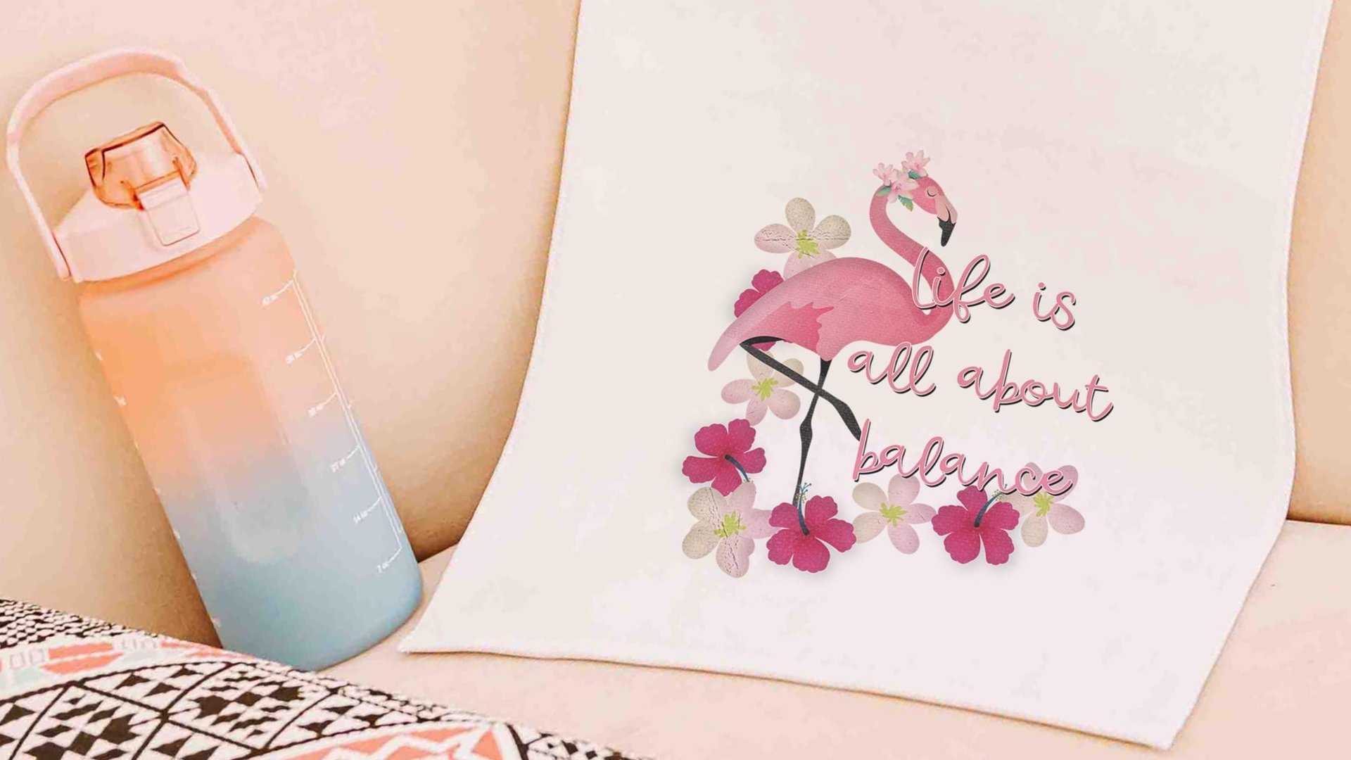 it's all about balance sweat towel with grommet, flamingo gifts for adults, cute yoga towel, gym bag accessories, workout gifts for her