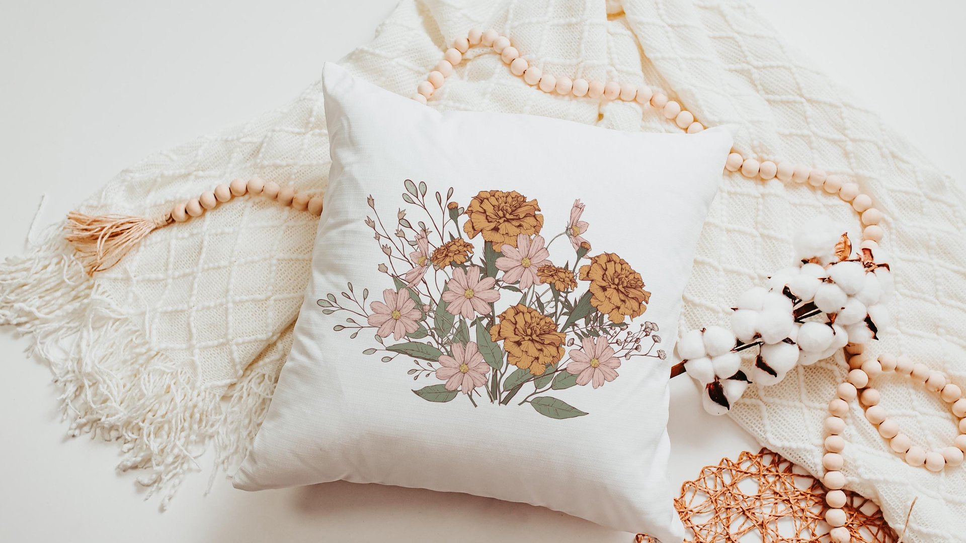 blush pink cosmos & orange marigold throw pillow for bed, October birthday kitchen towels, October birth month flower gifts for her, best