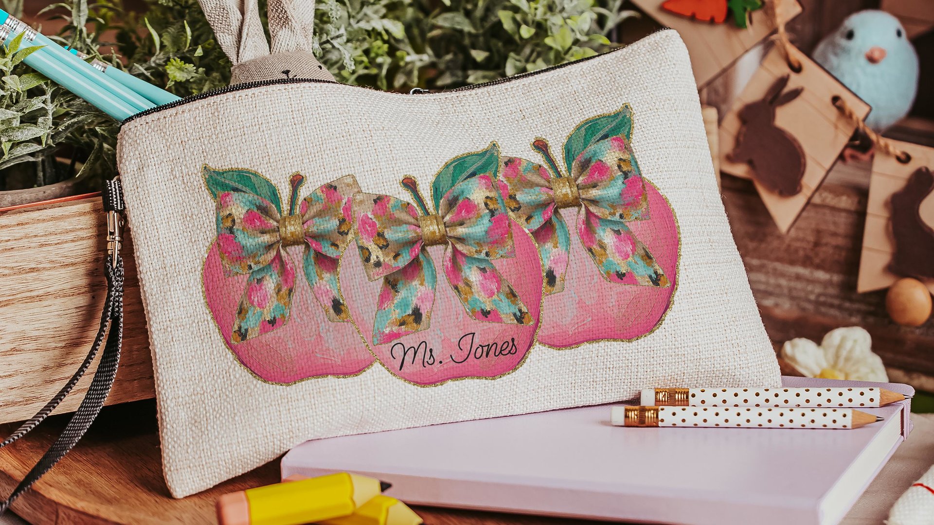 personalized watercolor apple for teacher wristlet with name, cute teacher gifts for women, leopard print coquette bow makeup bag for purse