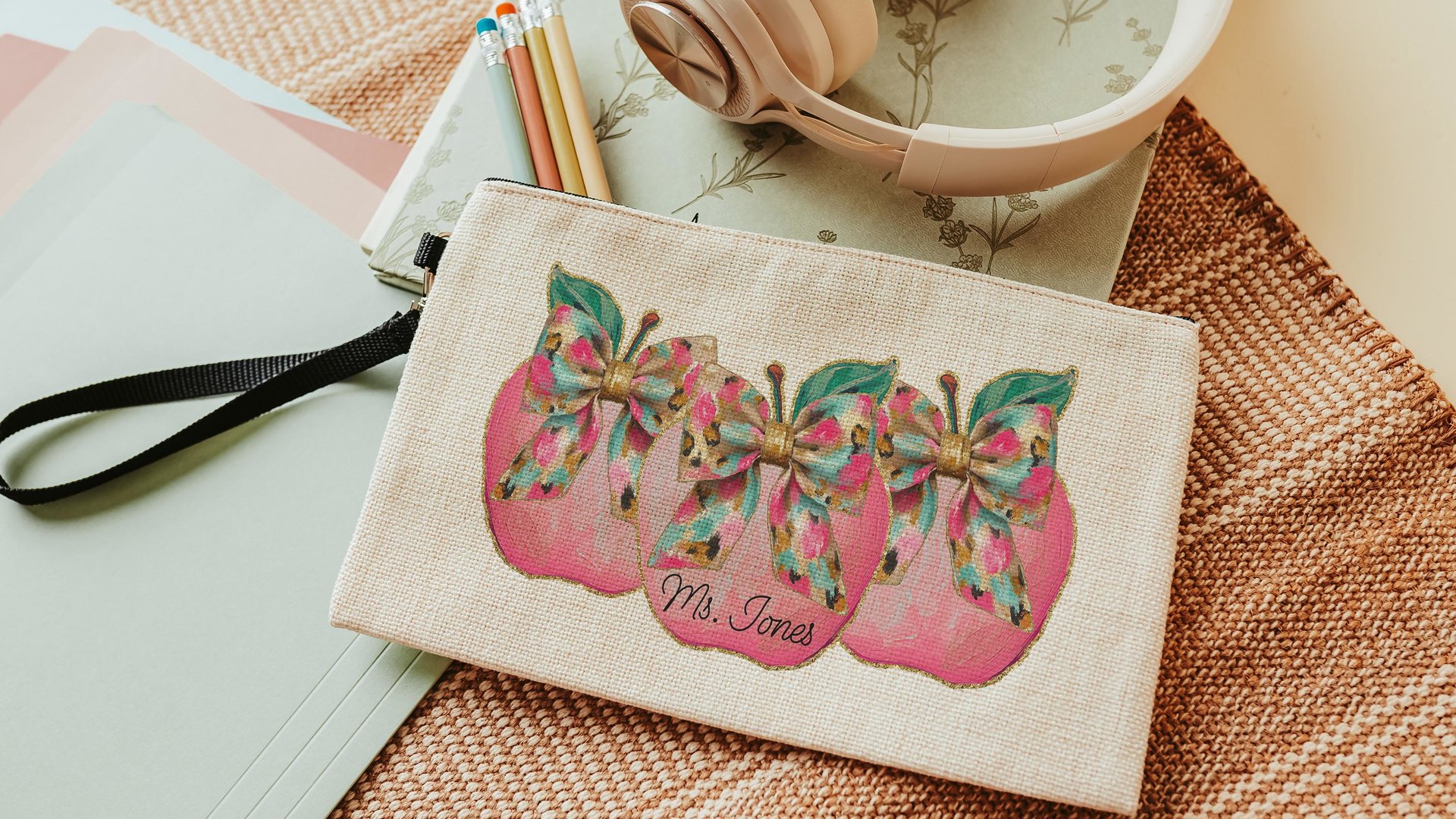 personalized watercolor apple for teacher wristlet with name, cute teacher gifts for women, leopard print coquette bow makeup bag for purse