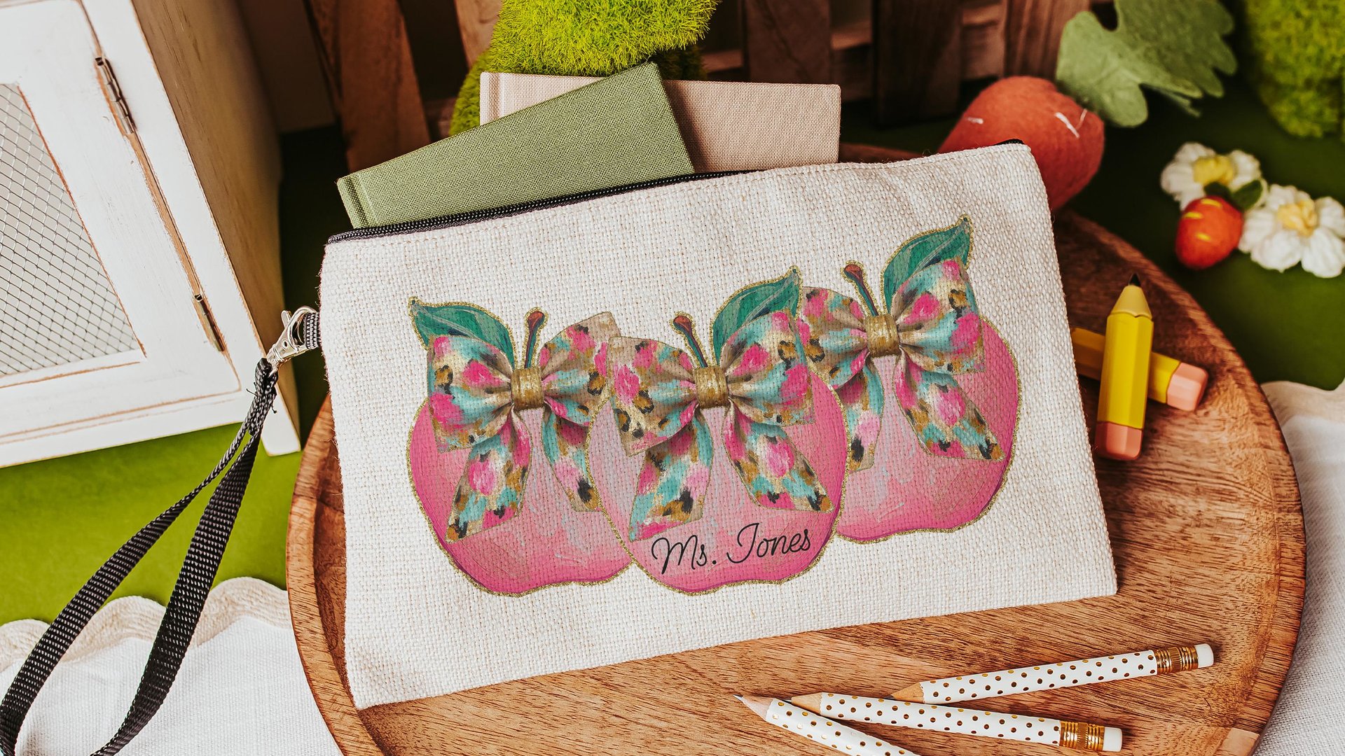 personalized watercolor apple for teacher wristlet with name, cute teacher gifts for women, leopard print coquette bow makeup bag for purse