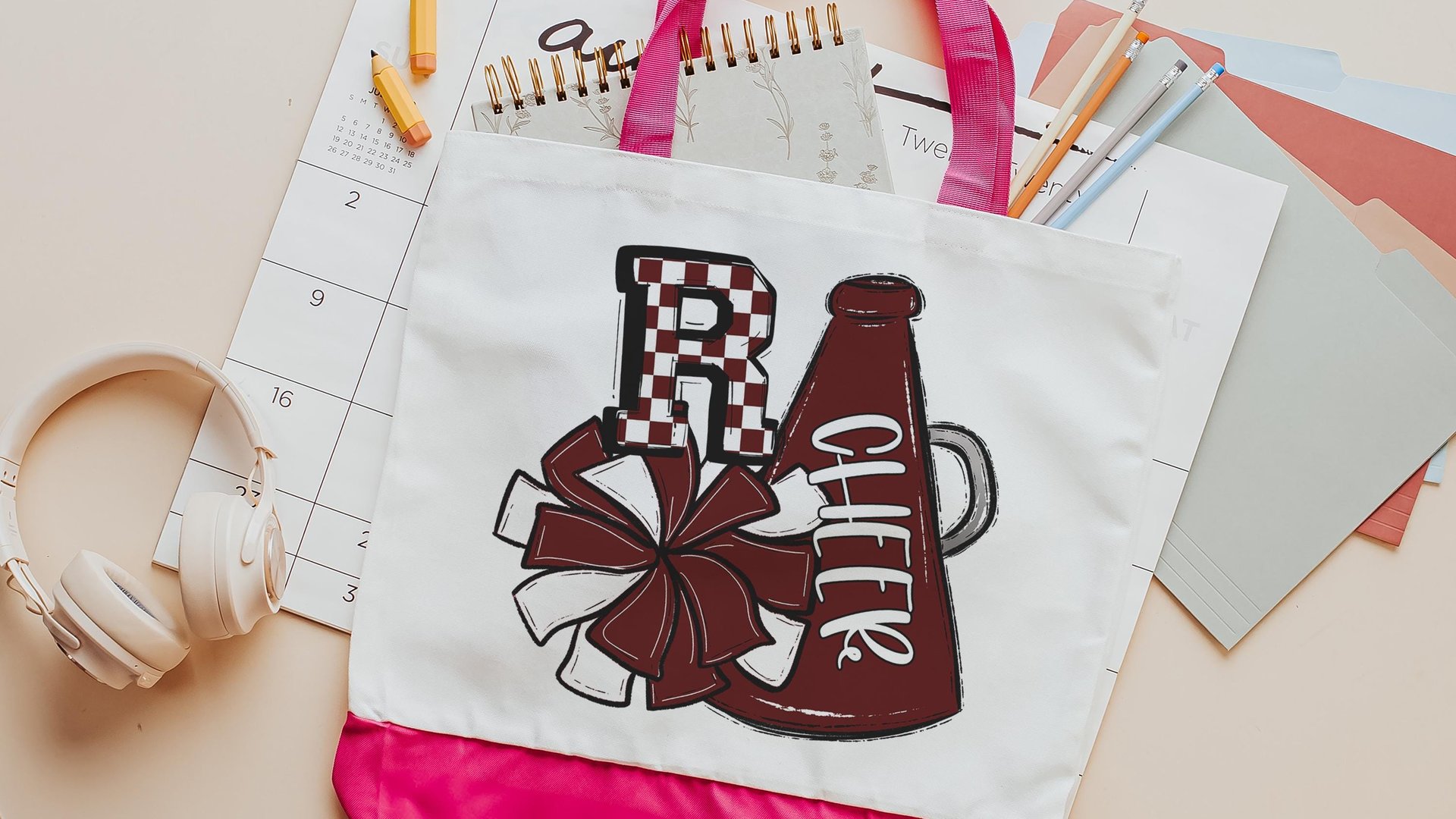 personalized white and maroon cheer tote bag for school, cheer gifts for girls, maroon checkered initial tote bag for teen girls, cheer mom