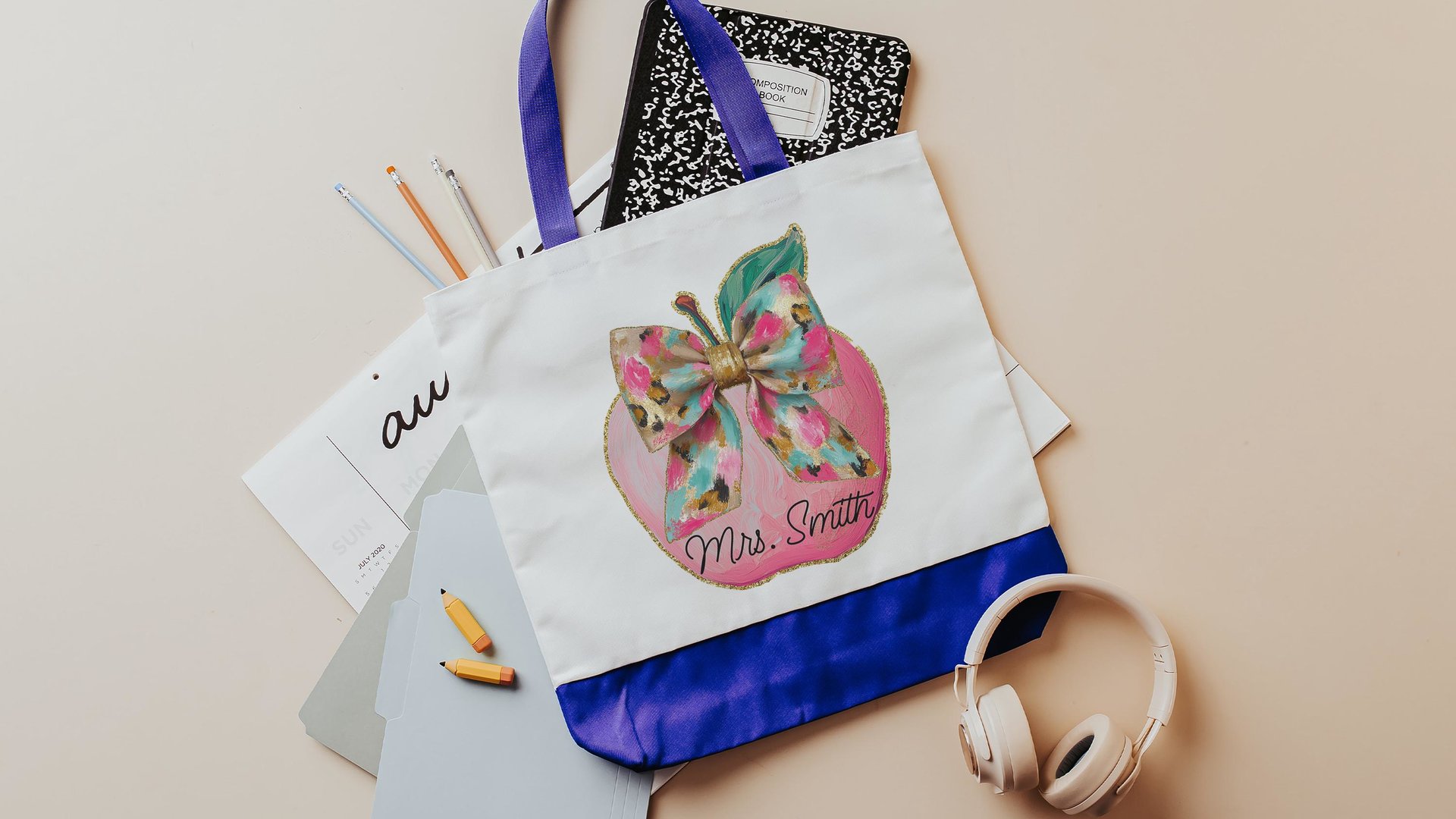 personalized watercolor apple for teacher tote bag with name, cute teacher gifts for coworkers, coquette totes for books, preschool teacher