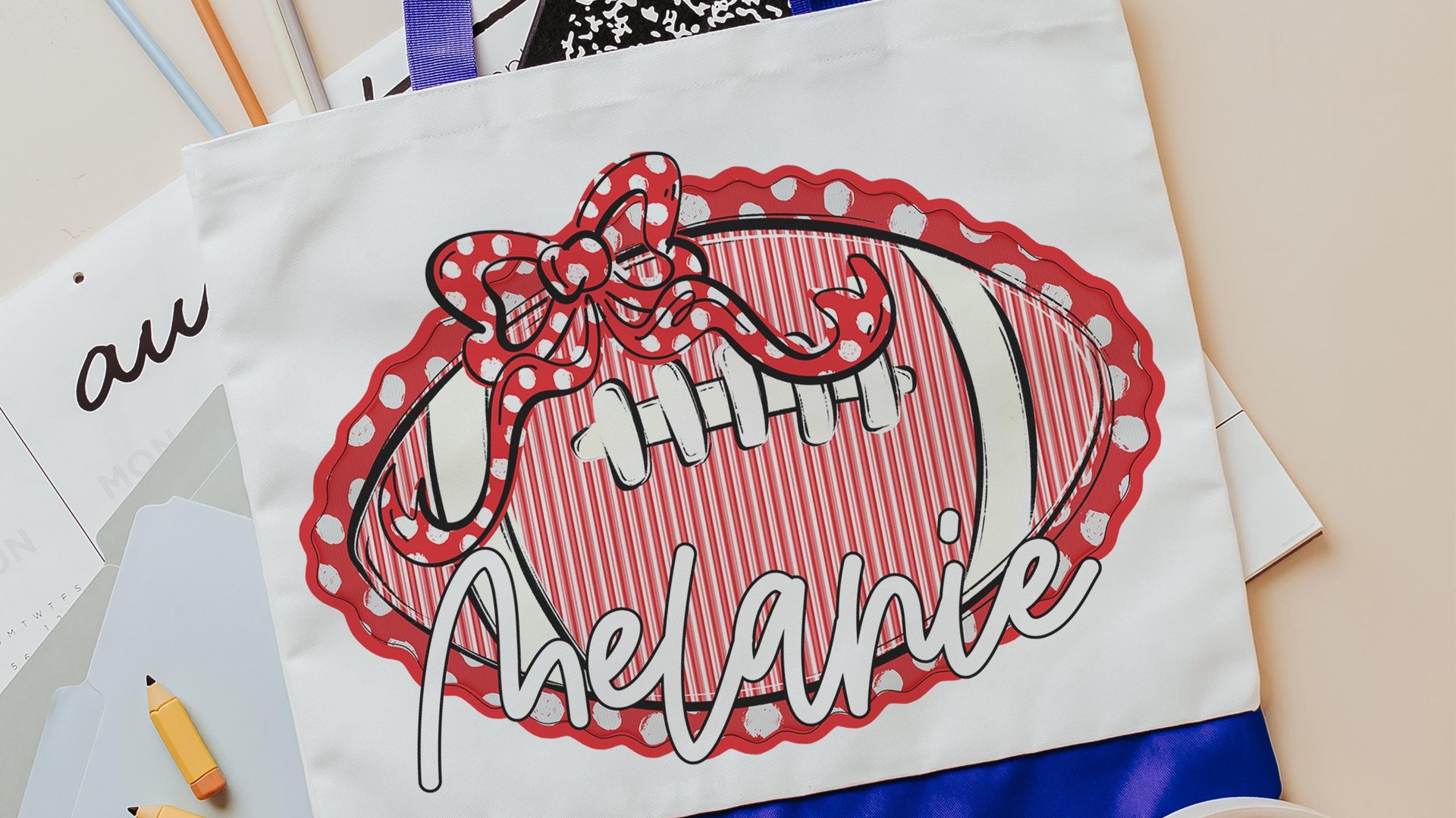personalized seersucker football tote bag for school, maroon school spirit bag with name, senior gifts for cheerleaders, football cheer mom
