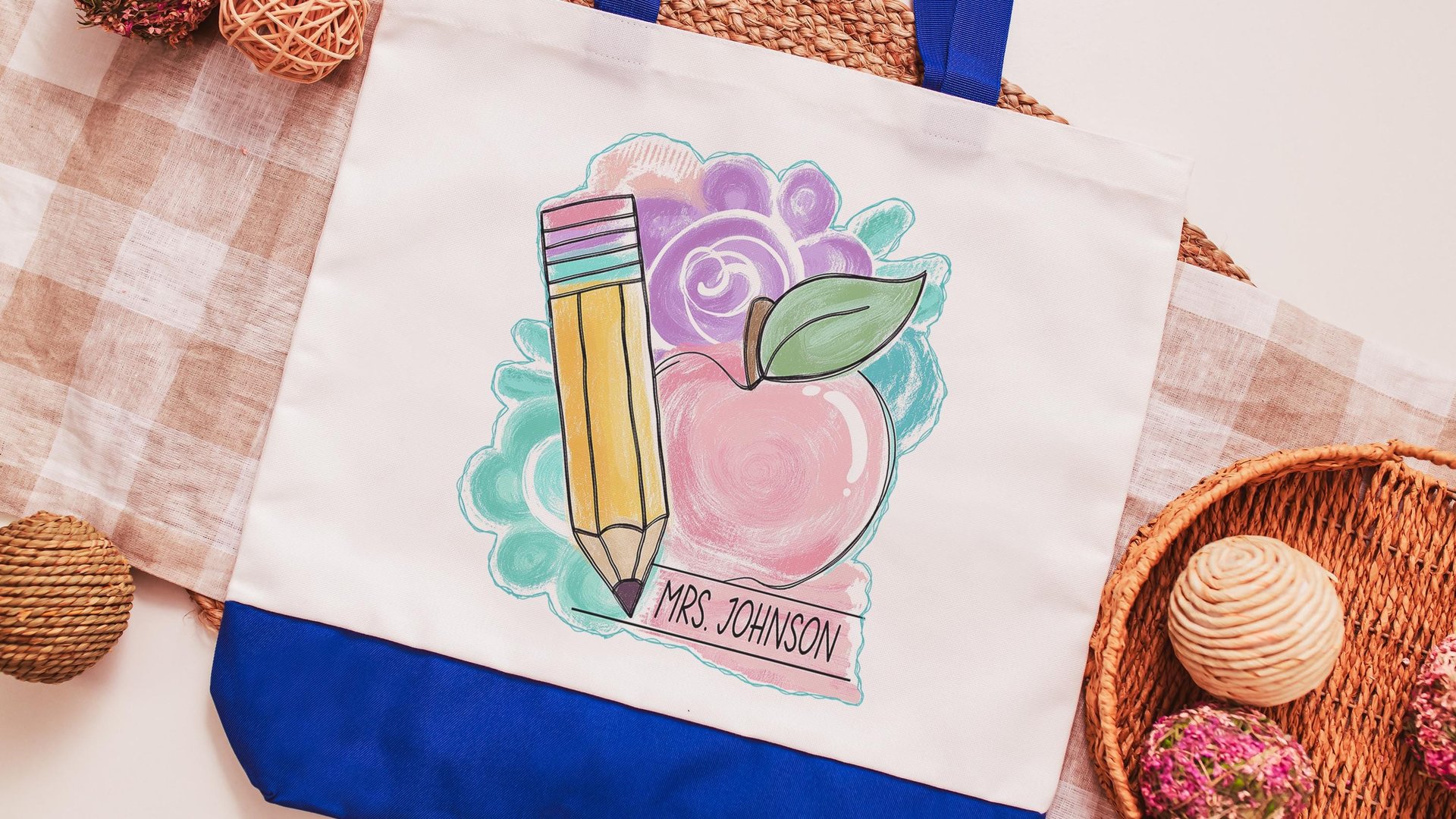 personalized pastel apple tote bag for school, back to school gifts for coworkers, first day of school gifts for teachers, watercolor pencil