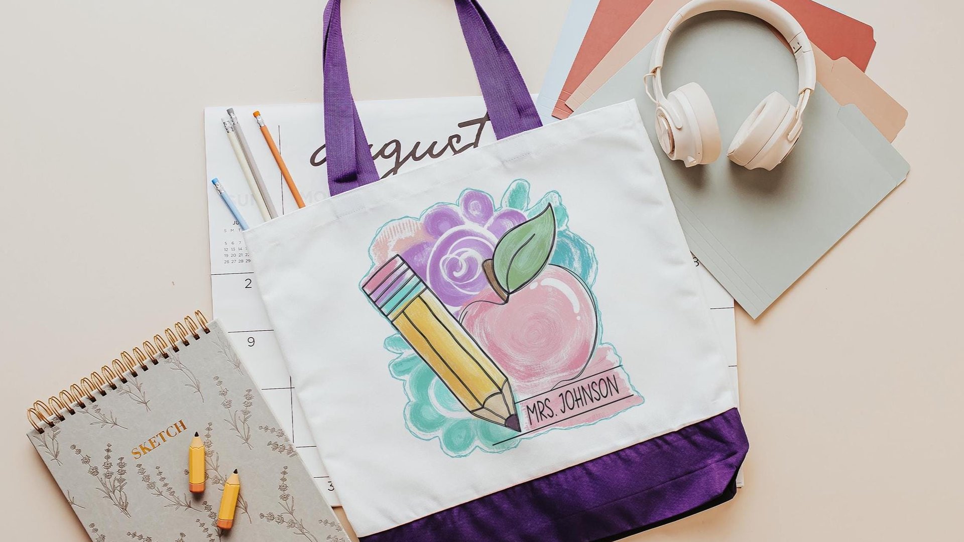 personalized pastel apple tote bag for school, back to school gifts for coworkers, first day of school gifts for teachers, watercolor pencil