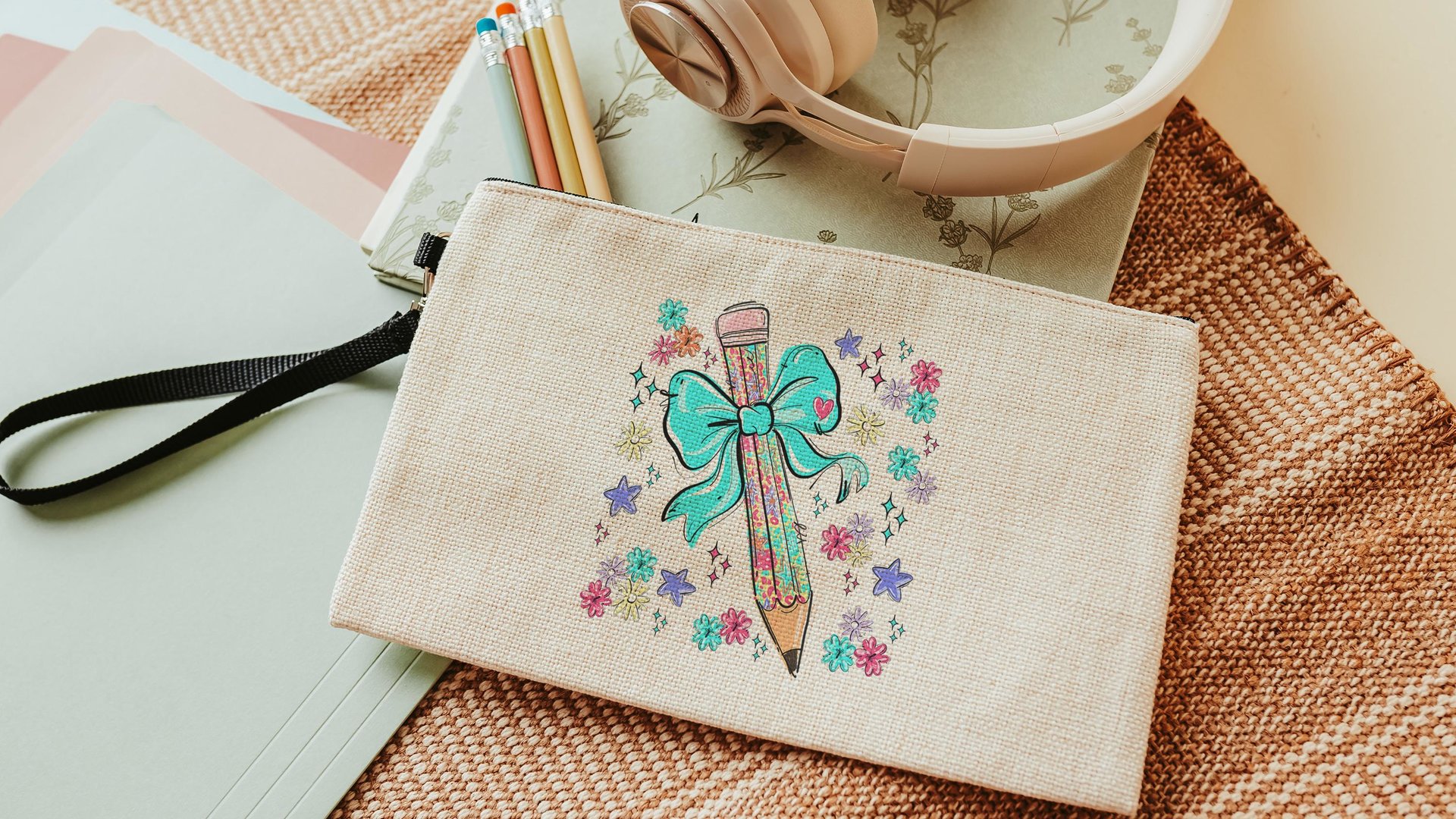 colorful pencil pouch with zipper, school supplies for girls, turquoise coquette bow pencil bag for tweens, back to school gifts for kids