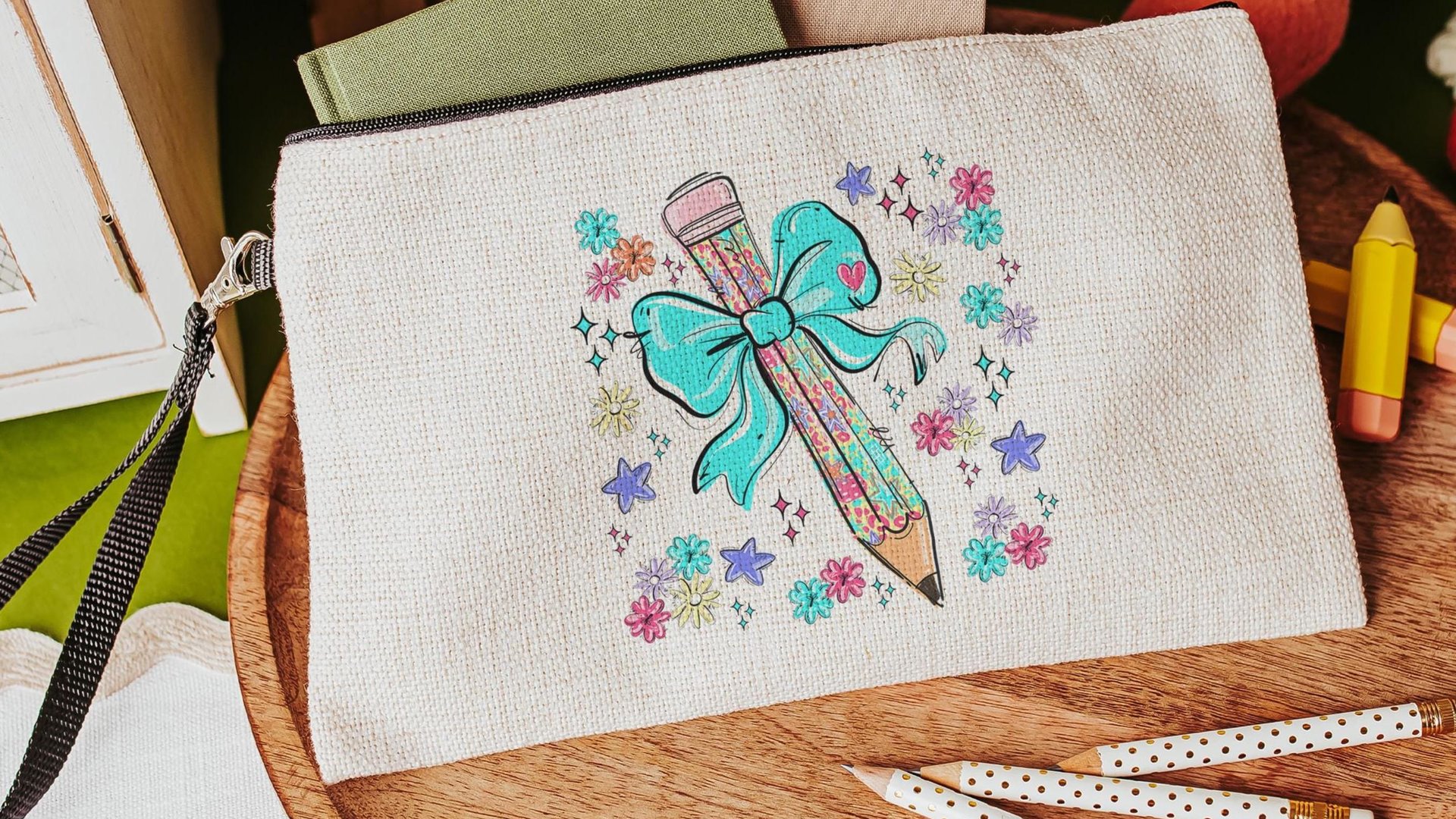 colorful pencil pouch with zipper, school supplies for girls, turquoise coquette bow pencil bag for tweens, back to school gifts for kids