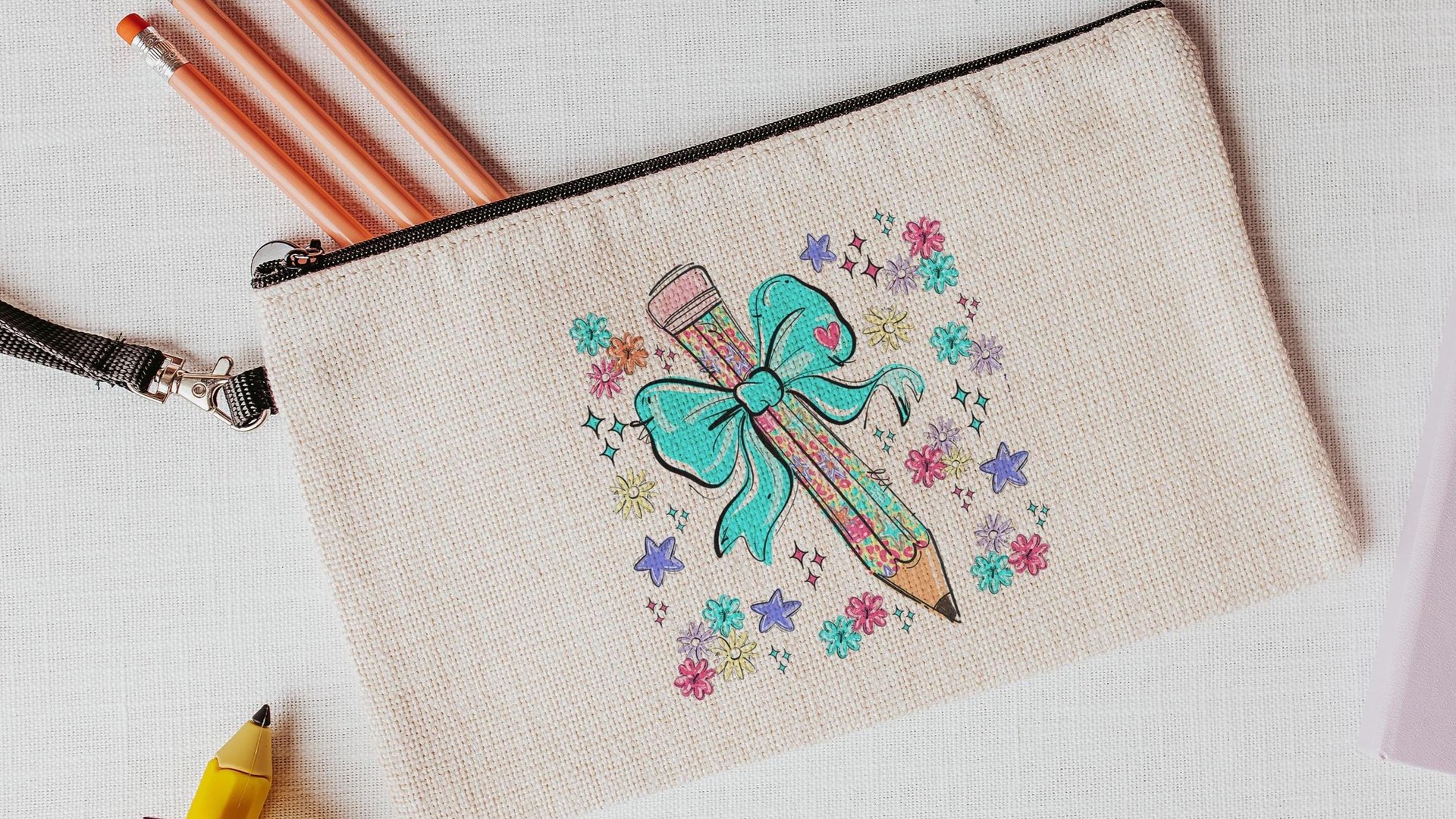 colorful pencil pouch with zipper, school supplies for girls, turquoise coquette bow pencil bag for tweens, back to school gifts for kids