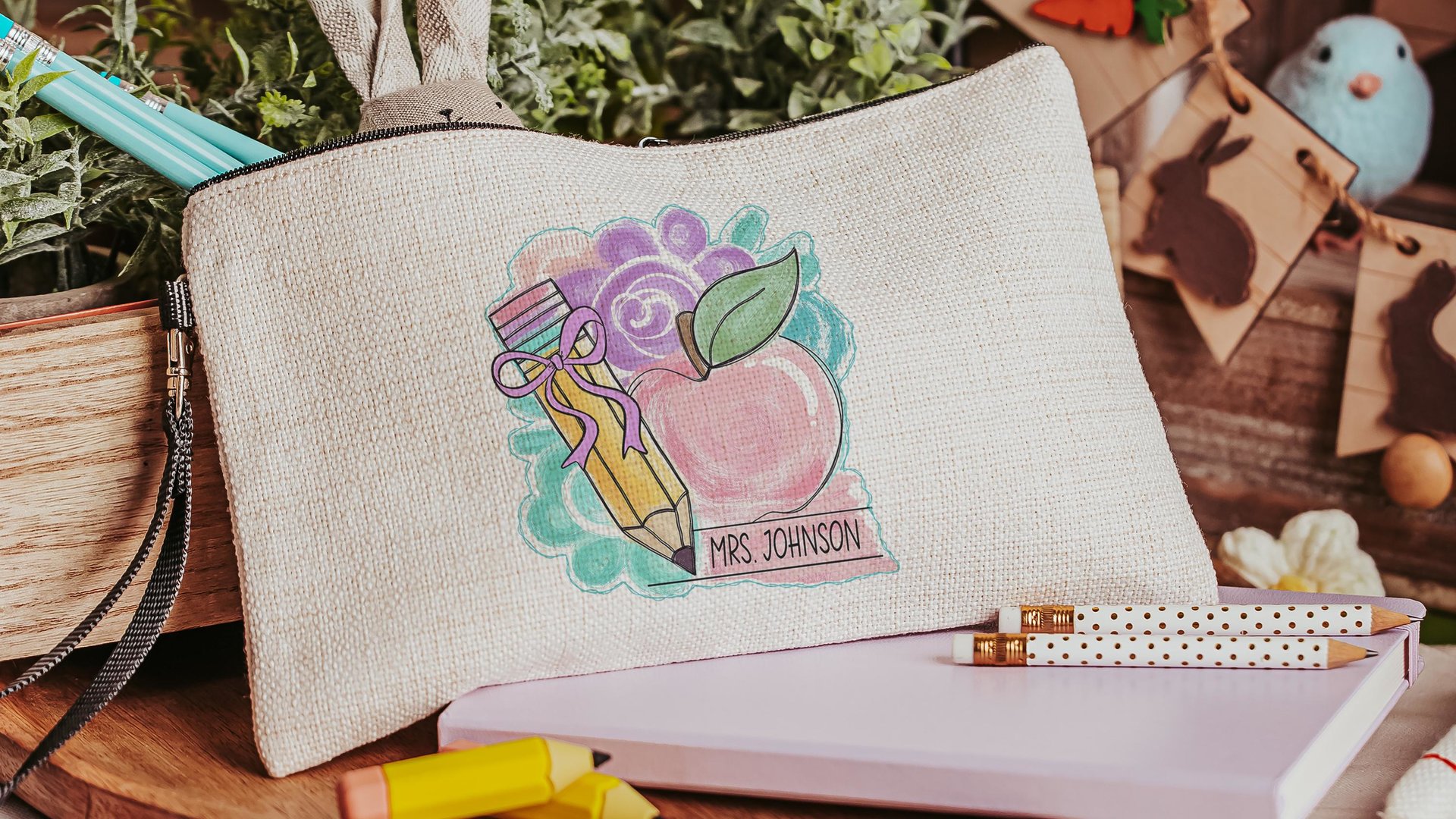 teacher coquette pencil pouch personalized pastel apple for teacher wristlet with name, cute teacher gifts for coworkers, teacher makeup bag