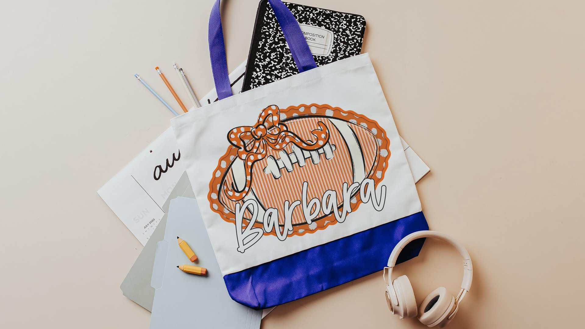 personalized seersucker football tote bag for back to school, gold school spirit items, girly football tote for games, football mom gifts
