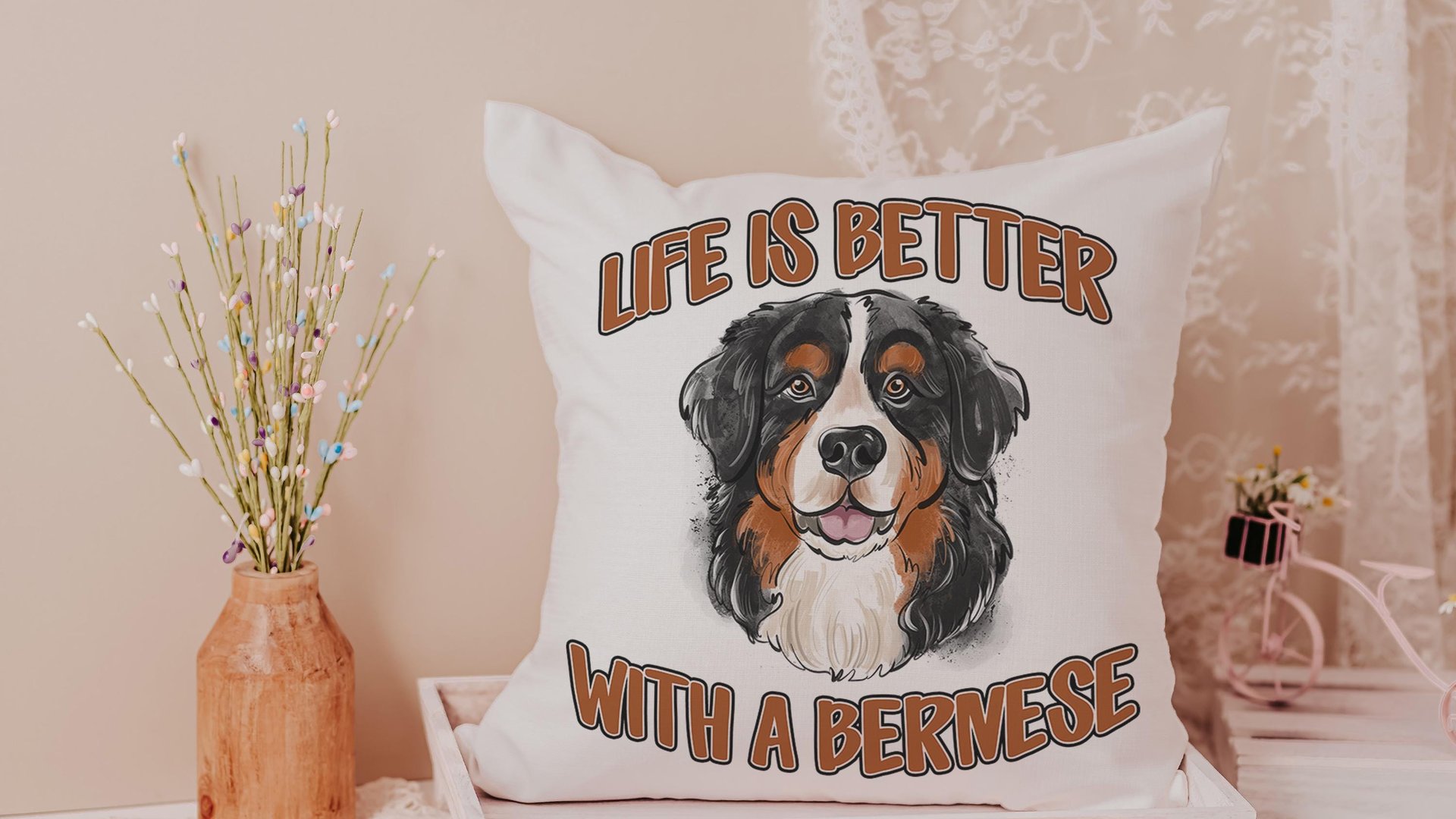 life is better with dogs Bernese mountain dog throw pillow for couch, Bernese mountain dog gifts for her, Berner Sennenhund cute dog lover
